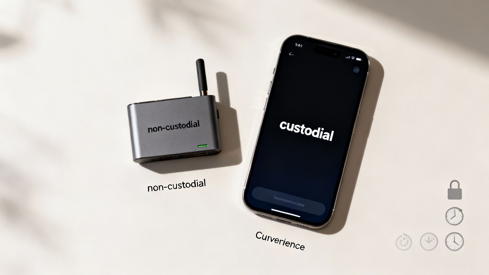 A non-custodial hardware device beside a smartphone displaying a custodial app, comparing digital asset management.