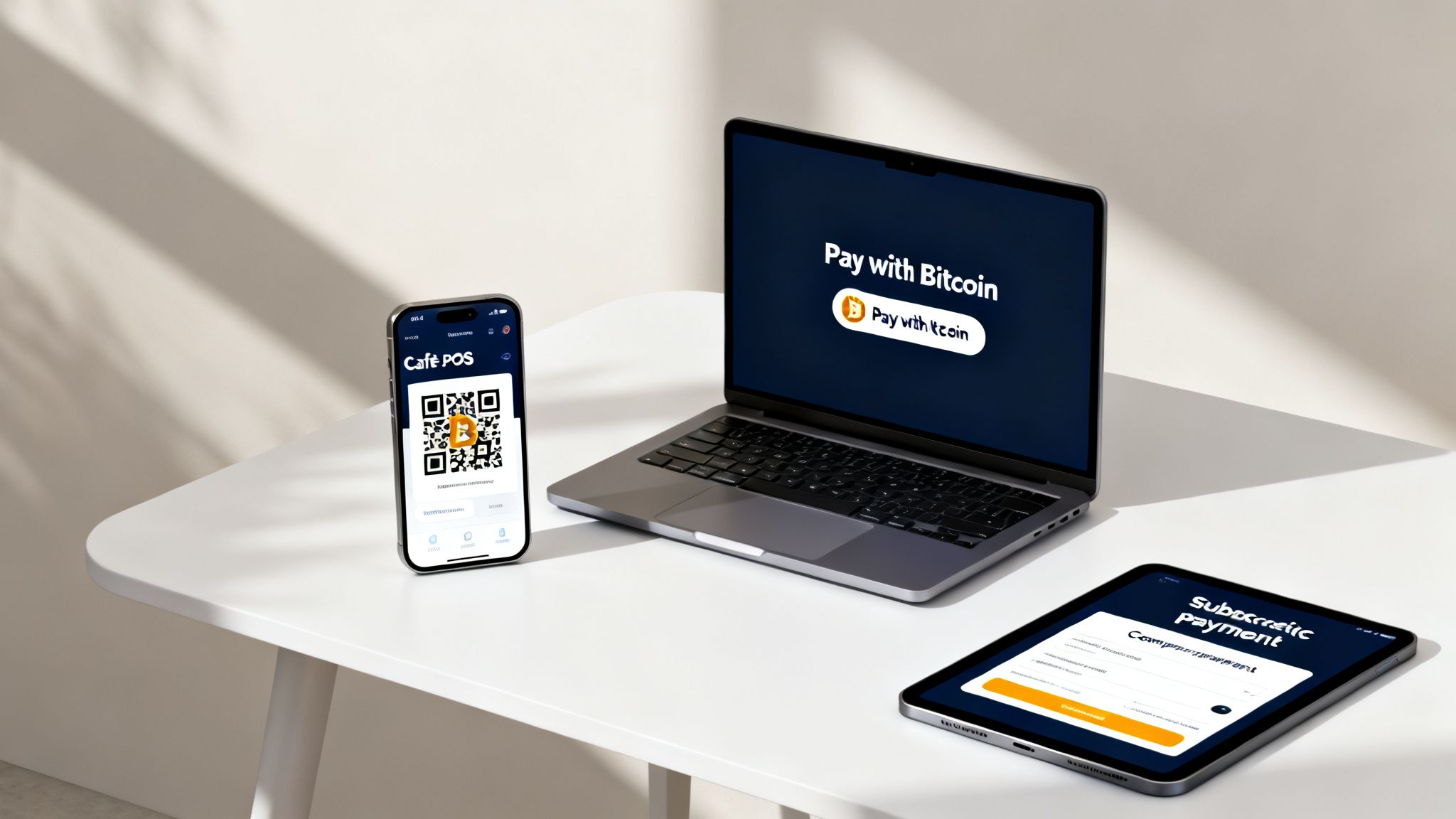 A smartphone, laptop, and tablet display screens for accepting cryptocurrency payments on a white table.