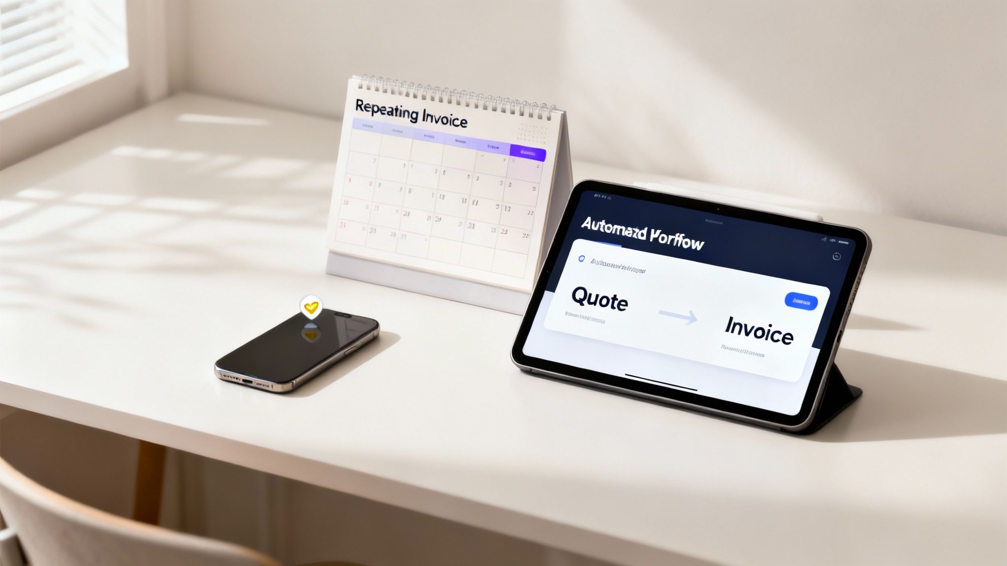 A clean desk with a calendar displaying "Repeating Invoice", a smartphone, and a tablet showing an automated quote-to-invoice workflow.