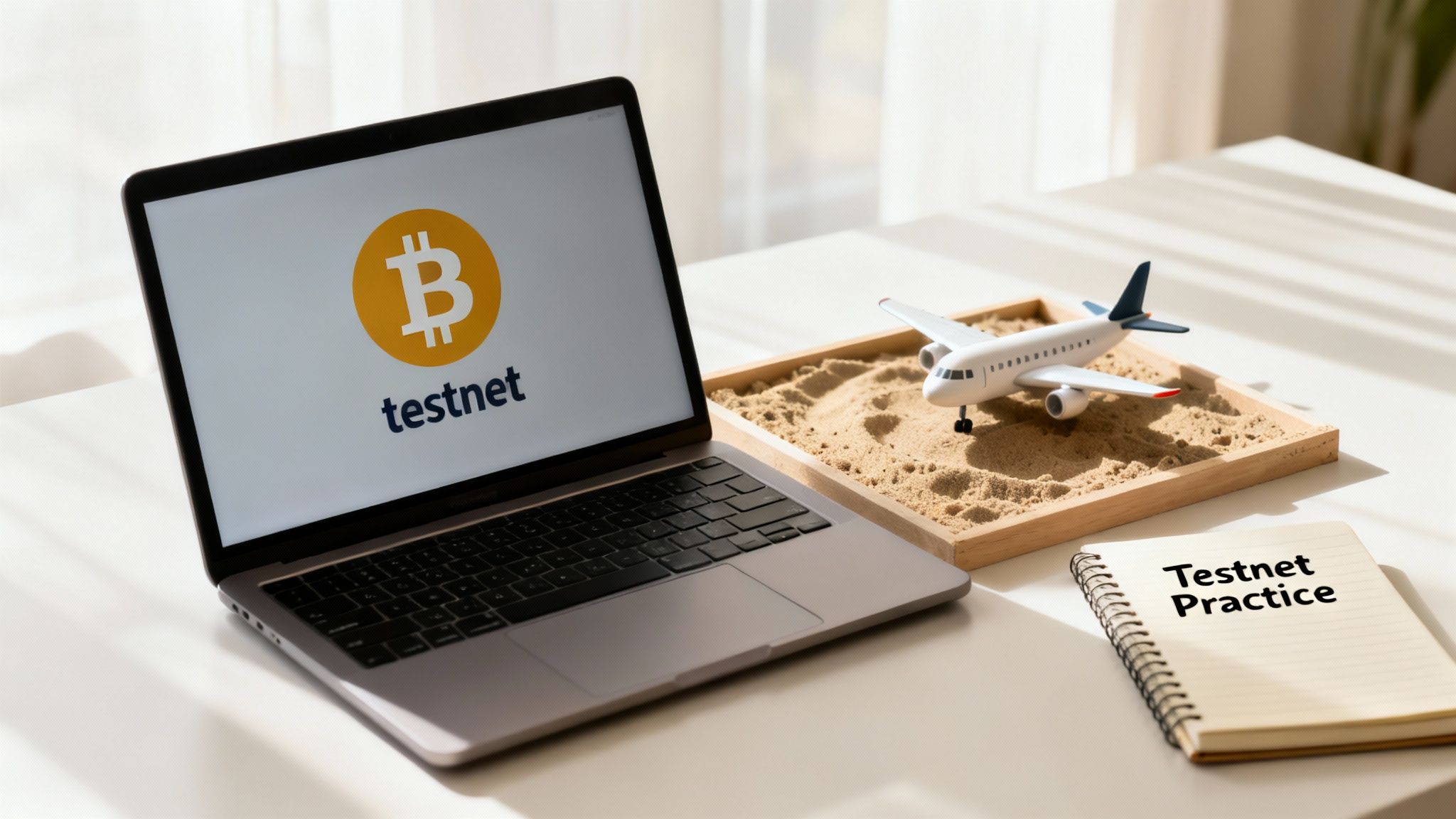 A laptop displays 'testnet' with a Bitcoin logo, next to a sandbox with a toy airplane and a 'Testnet Practice' notebook.