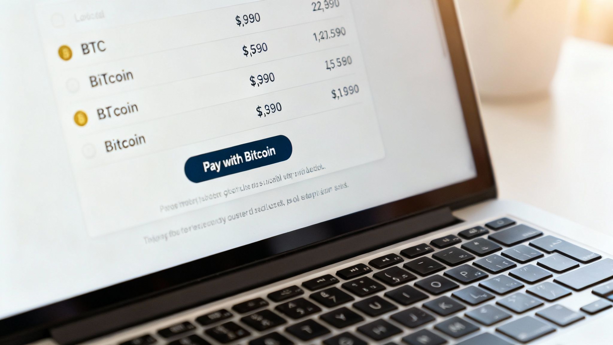 Laptop screen showing a cryptocurrency payment page with Bitcoin options and a 'Pay with Bitcoin' button.