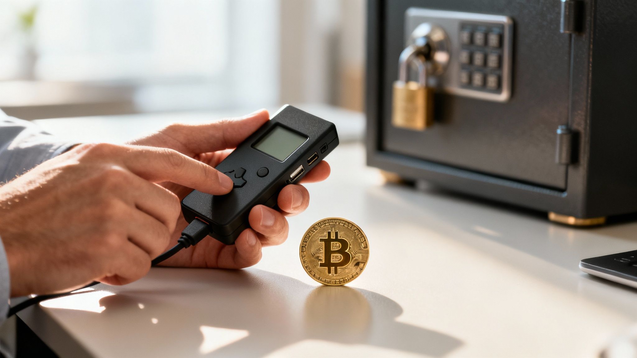Hands using a hardware crypto wallet, with a Bitcoin coin and secure safe visible.