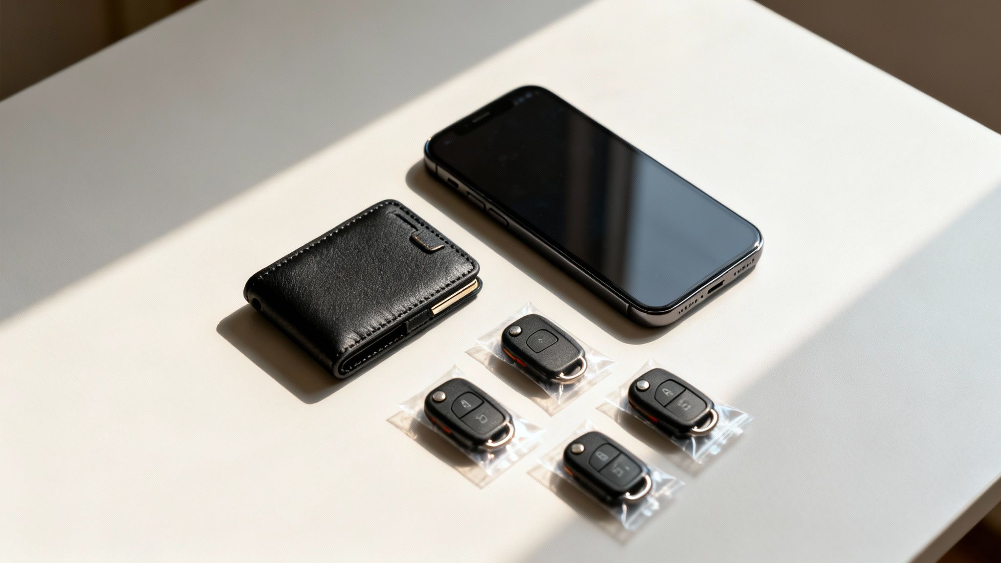 A black leather wallet, a modern smartphone, and four new car key fobs packaged on a white table.
