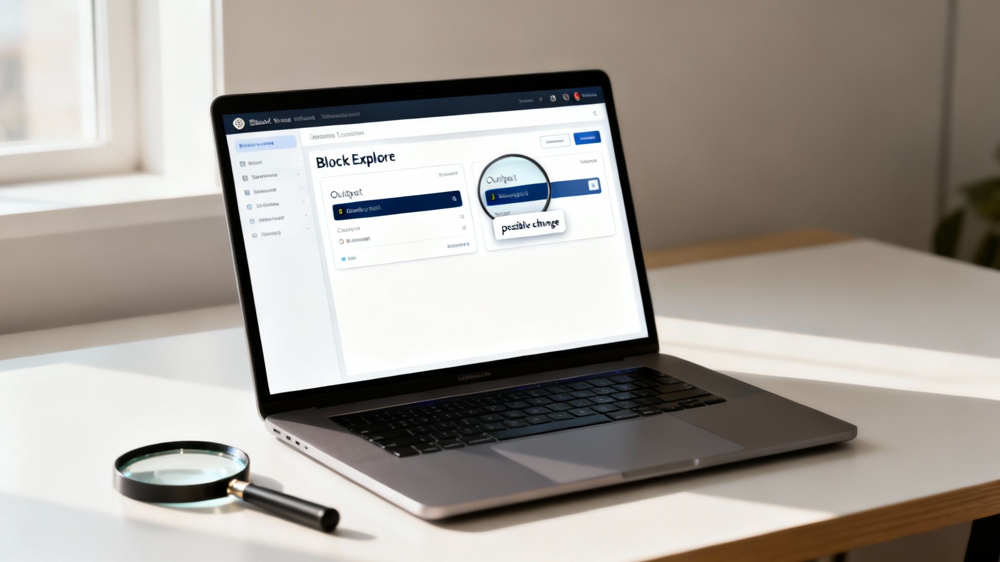 A laptop on a desk displays a blockchain explorer interface with 'Output' and 'possible change' text, alongside a magnifying glass.
