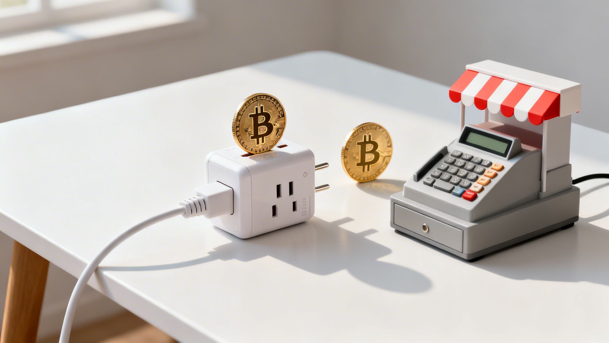 Two Bitcoin coins, one powering a strip, next to a miniature cash register on a white table.
