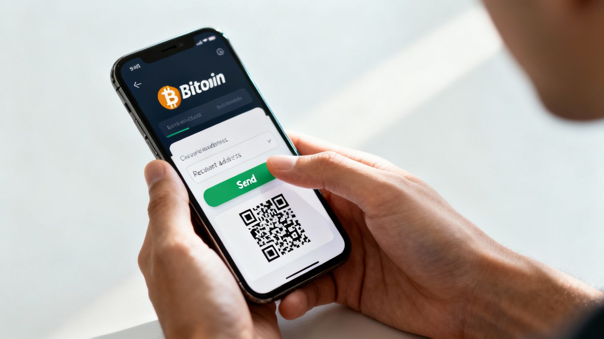 A person's hand holding a smartphone displaying a Bitcoin wallet interface, preparing to make a crypto currency transfer