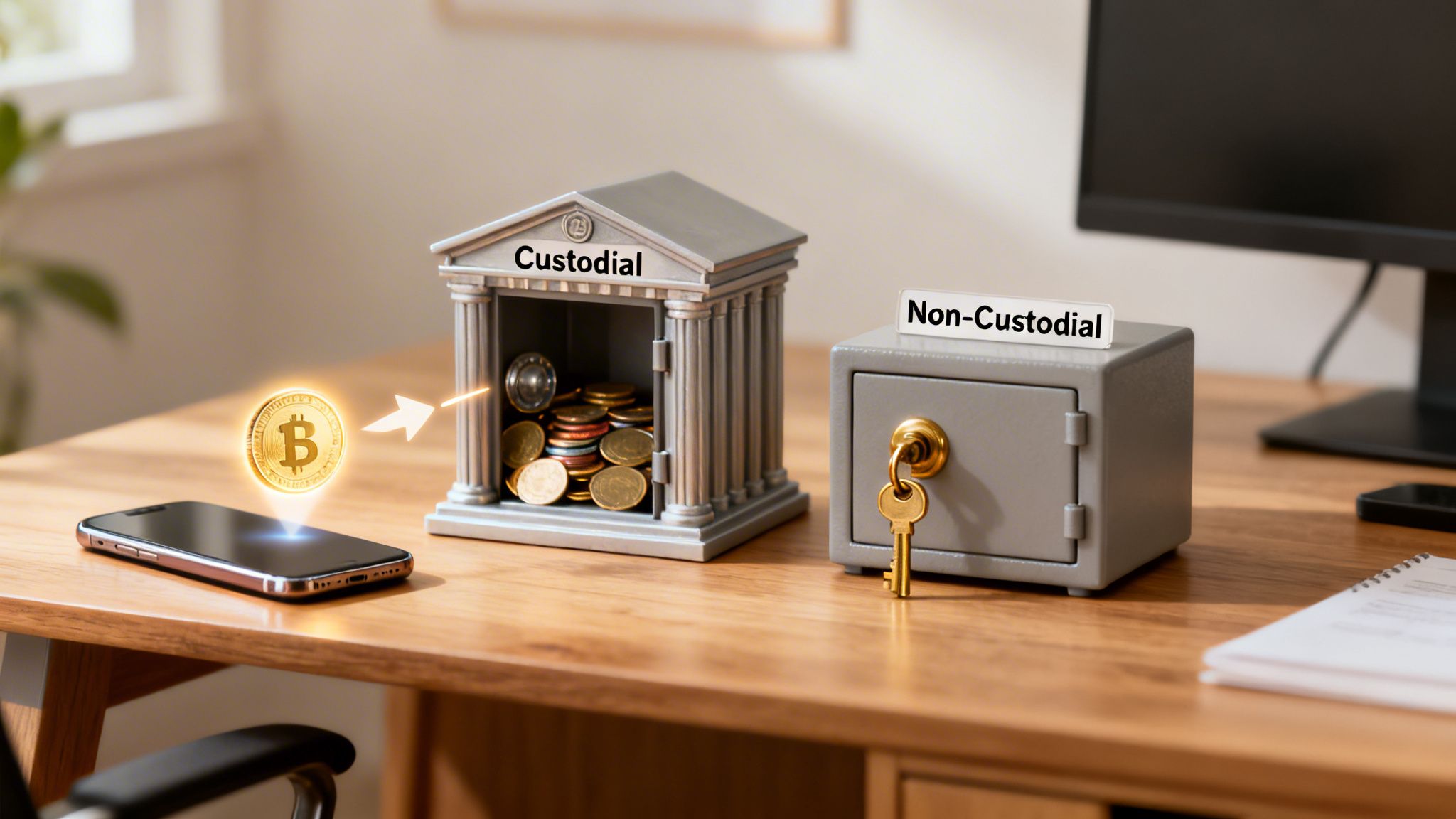Conceptual image comparing custodial and non-custodial crypto storage: Bitcoin flowing into a bank, while a safe with a key represents self-custody.