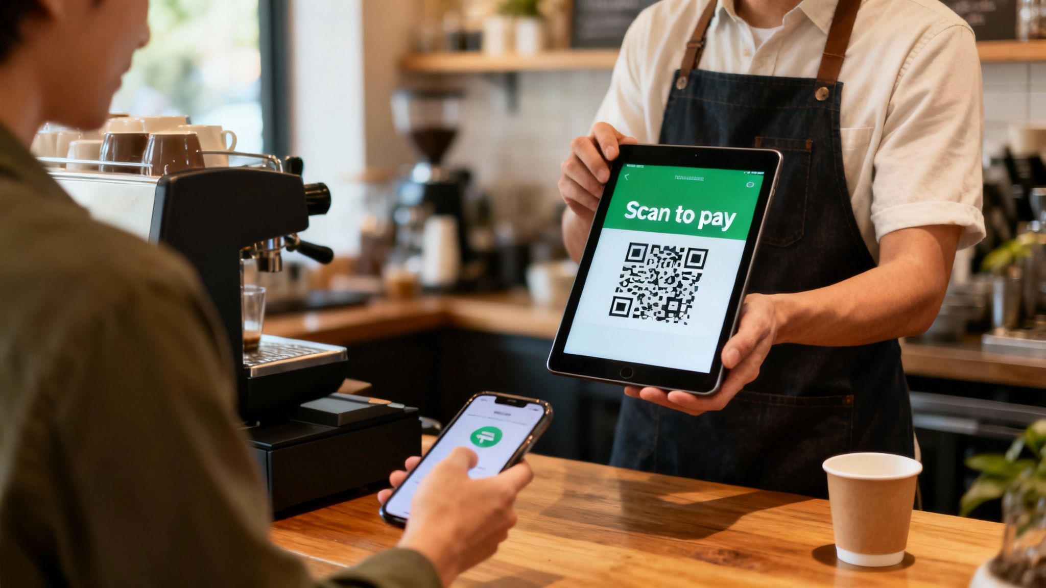 Customer scans QR code on tablet with smartphone to pay at a coffee shop counter.