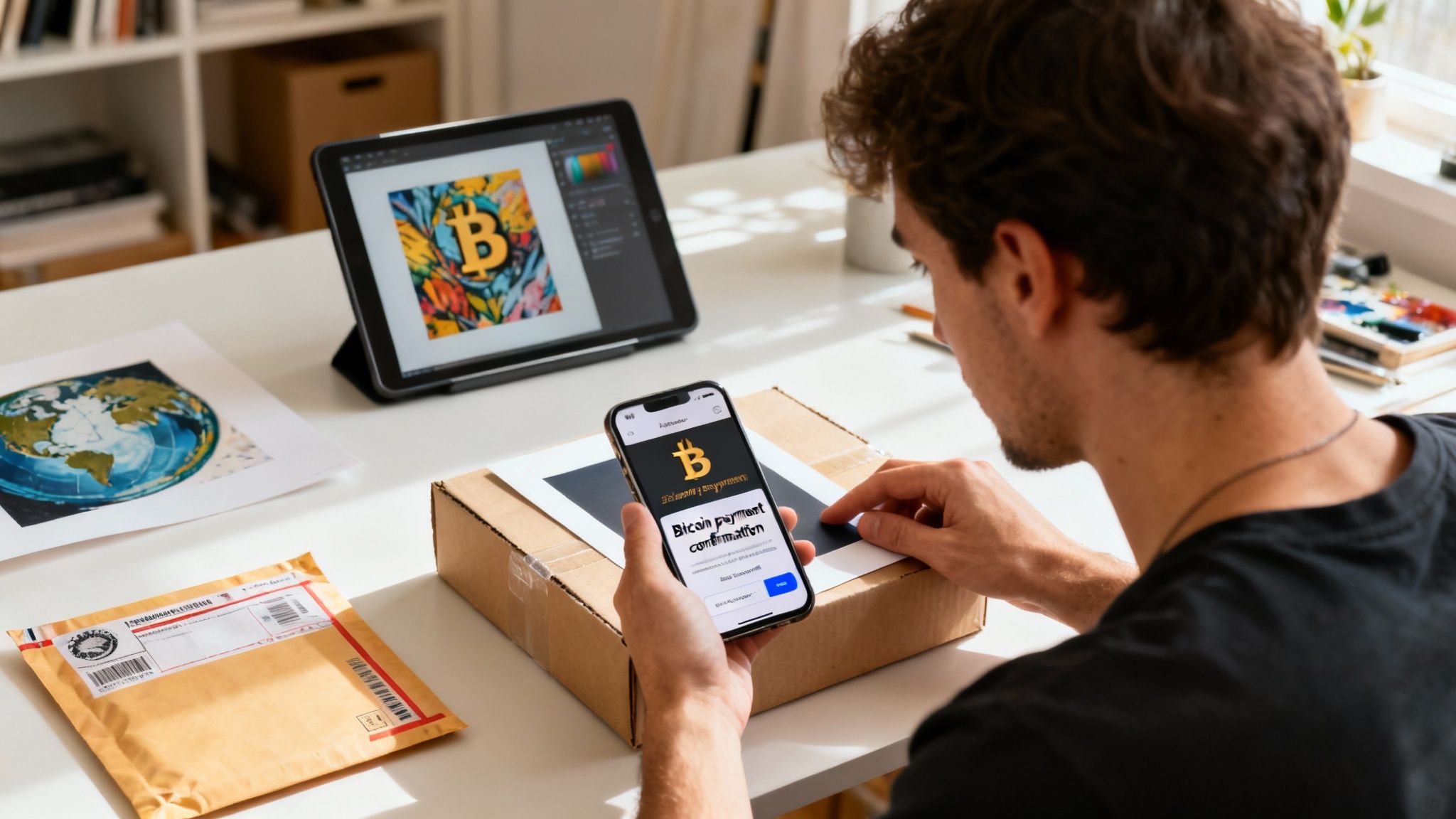 A man confirms a Bitcoin payment on his smartphone while a tablet displays crypto art.