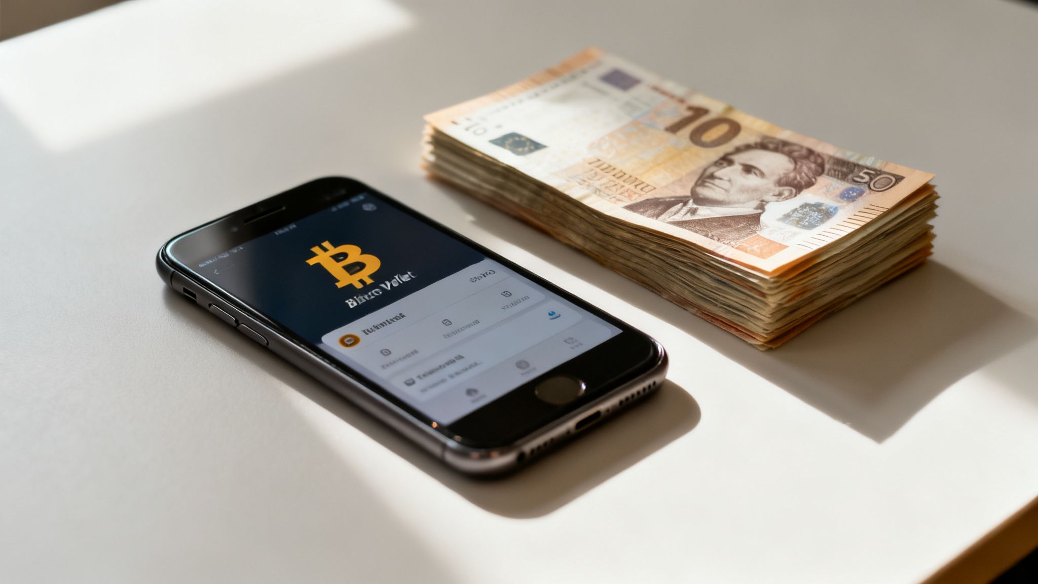 A smartphone displaying a Bitcoin wallet app next to a stack of Euro banknotes on a white table.