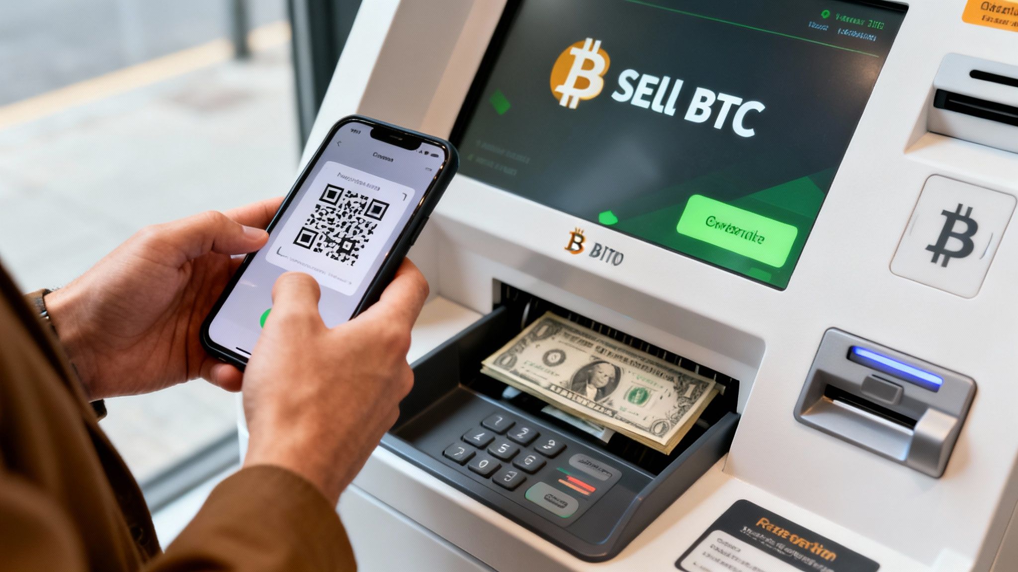 Person uses a smartphone with a QR code to sell Bitcoin at a crypto ATM, receiving US dollar cash.