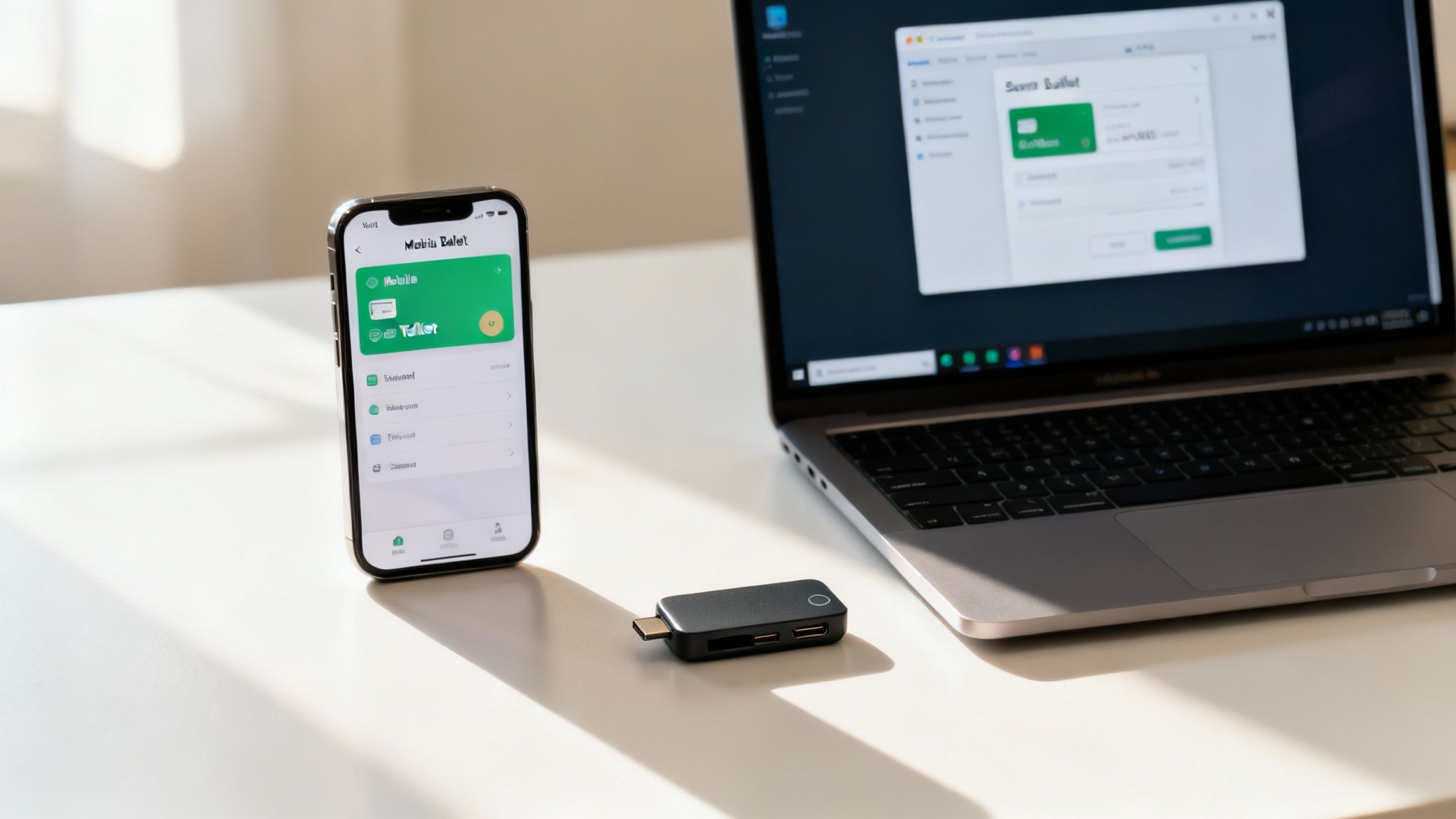 A smartphone, laptop, and hardware device showcasing different types of crypto wallets for secure transactions.