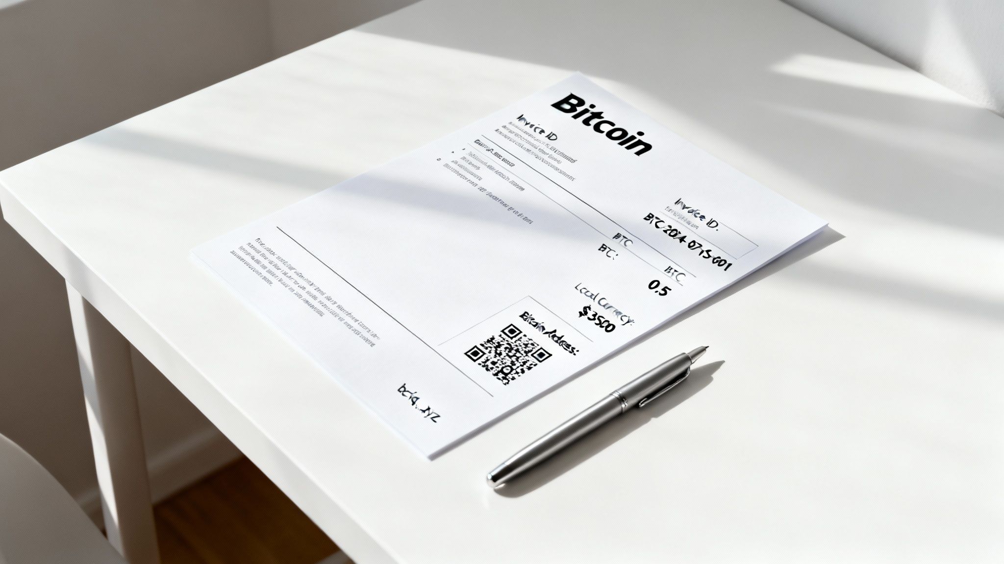 A Bitcoin invoice with a QR code and a silver pen lies on a clean white desk.