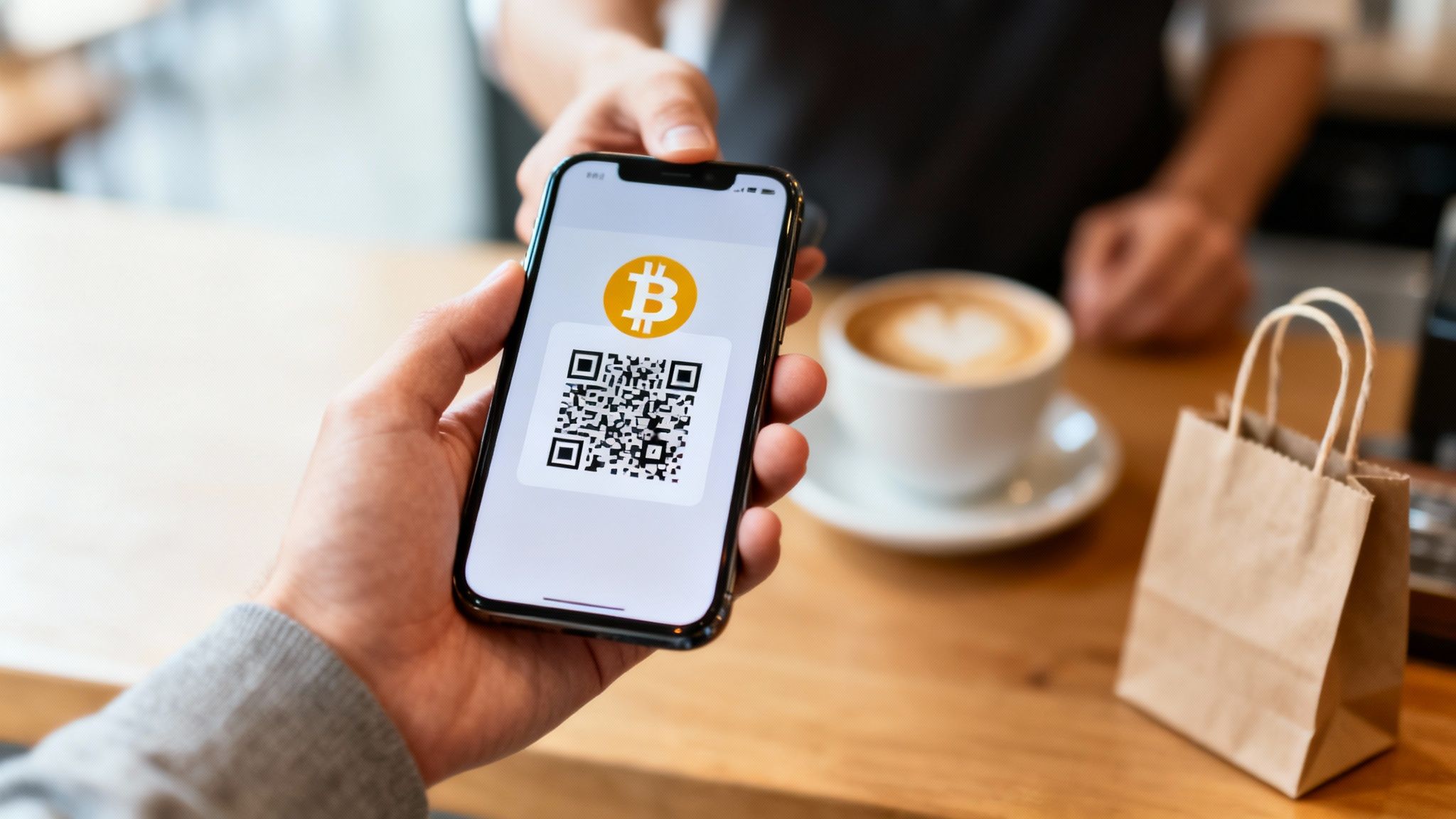 A person holds a smartphone displaying a Bitcoin QR code for payment at a cafe counter.
