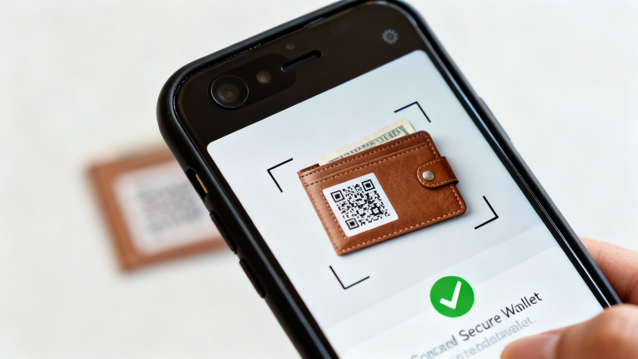A hand holds a smartphone displaying a secure digital wallet app with a QR code.