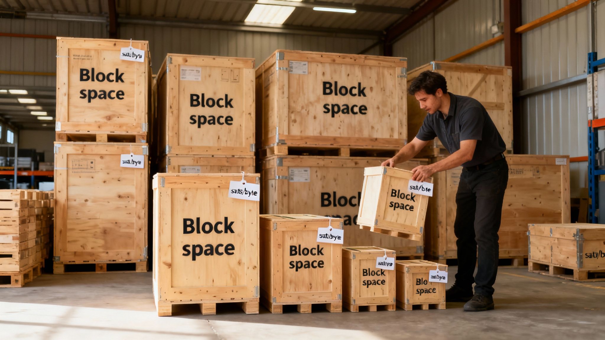 A man in a warehouse is stacking wooden crates labeled "Block space" and "sat/byte".
