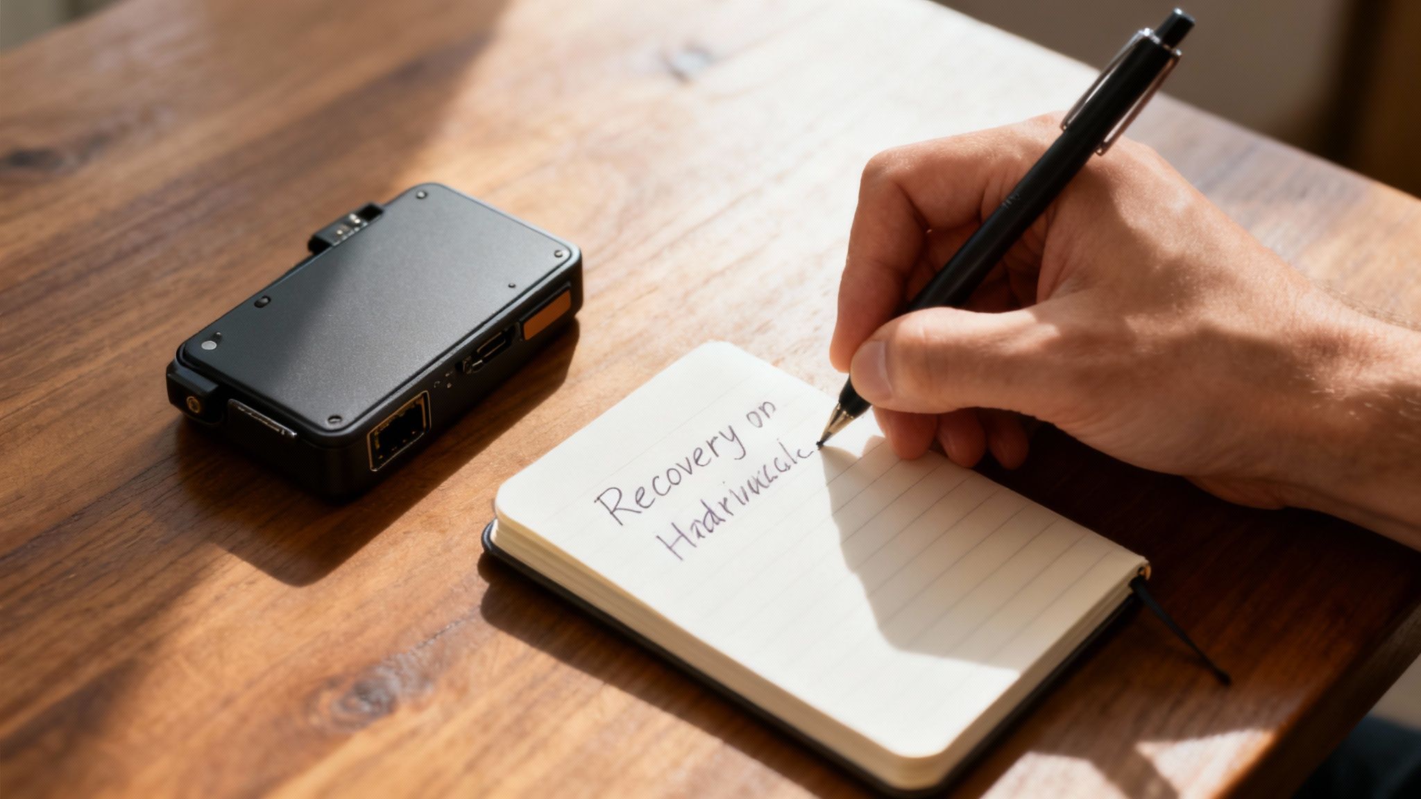 A hand writes 'Recovery on Hadriunale' in a notebook next to a black crypto hardware wallet.