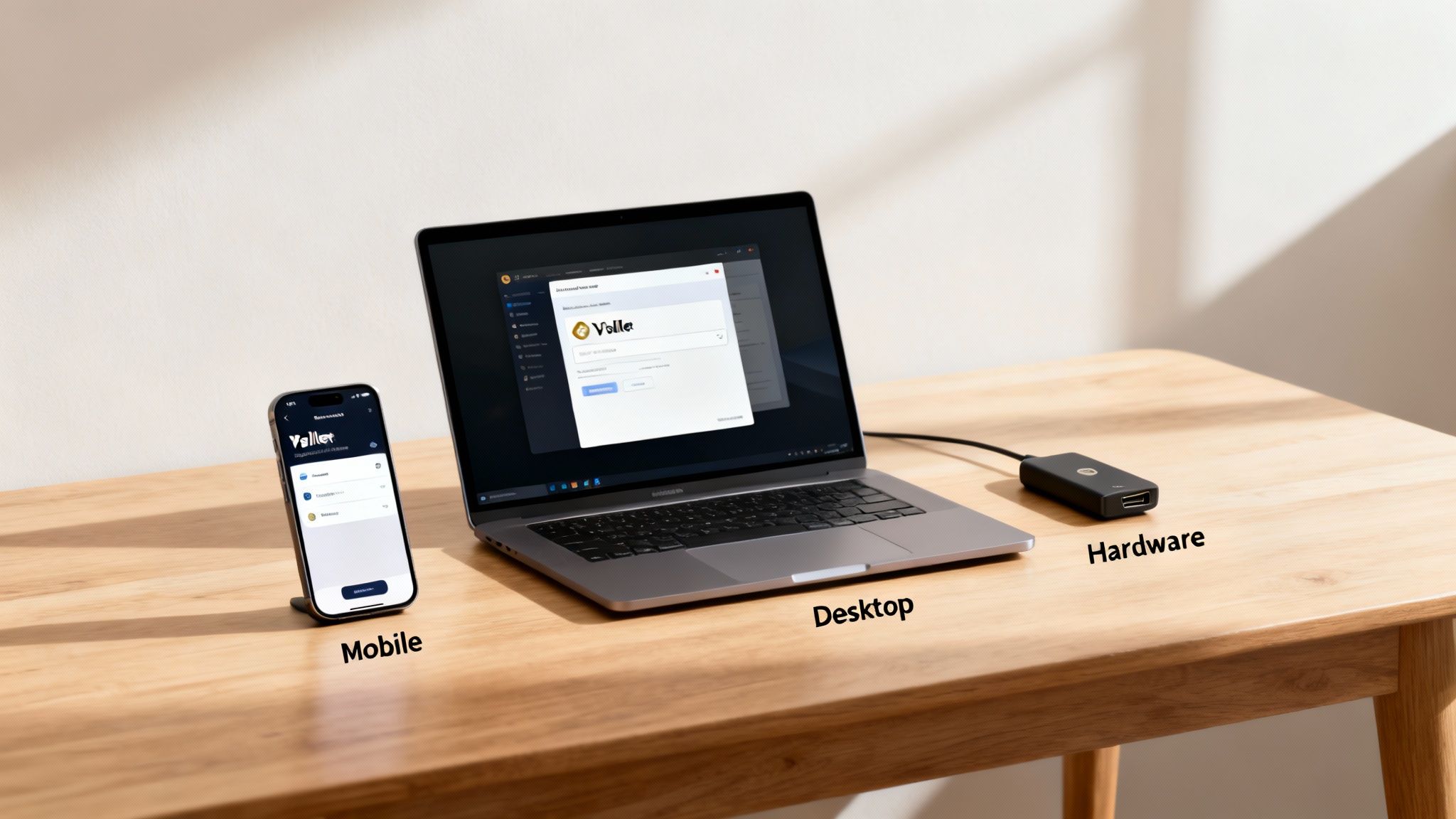 A comprehensive view of a crypto wallet setup on mobile, desktop, and a hardware device.