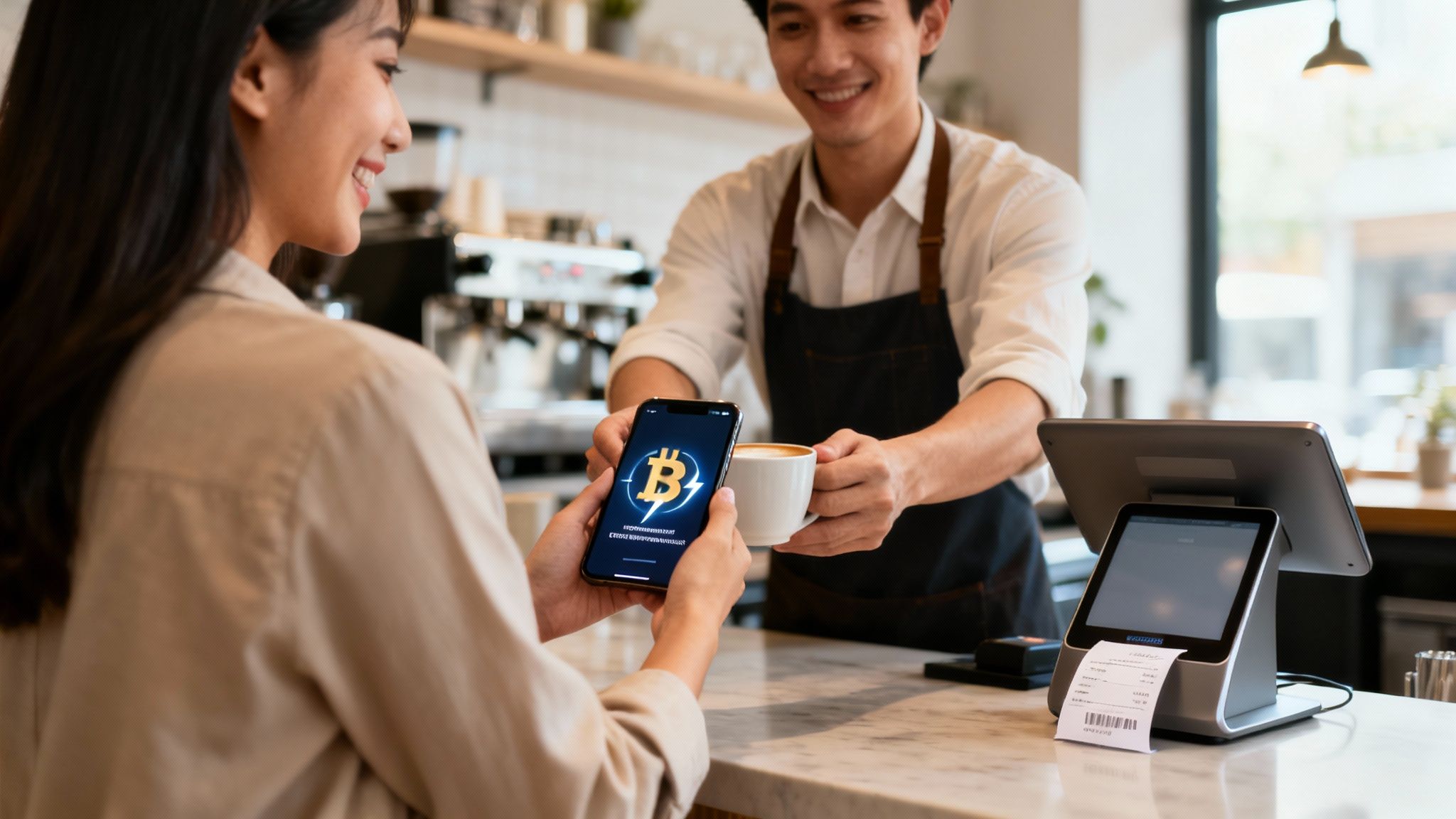 A smiling woman pays for coffee using her phone showing a Bitcoin logo to a barista.