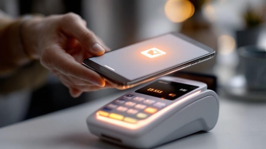 A person paying with a digital wallet on their smartphone at a store counter.
