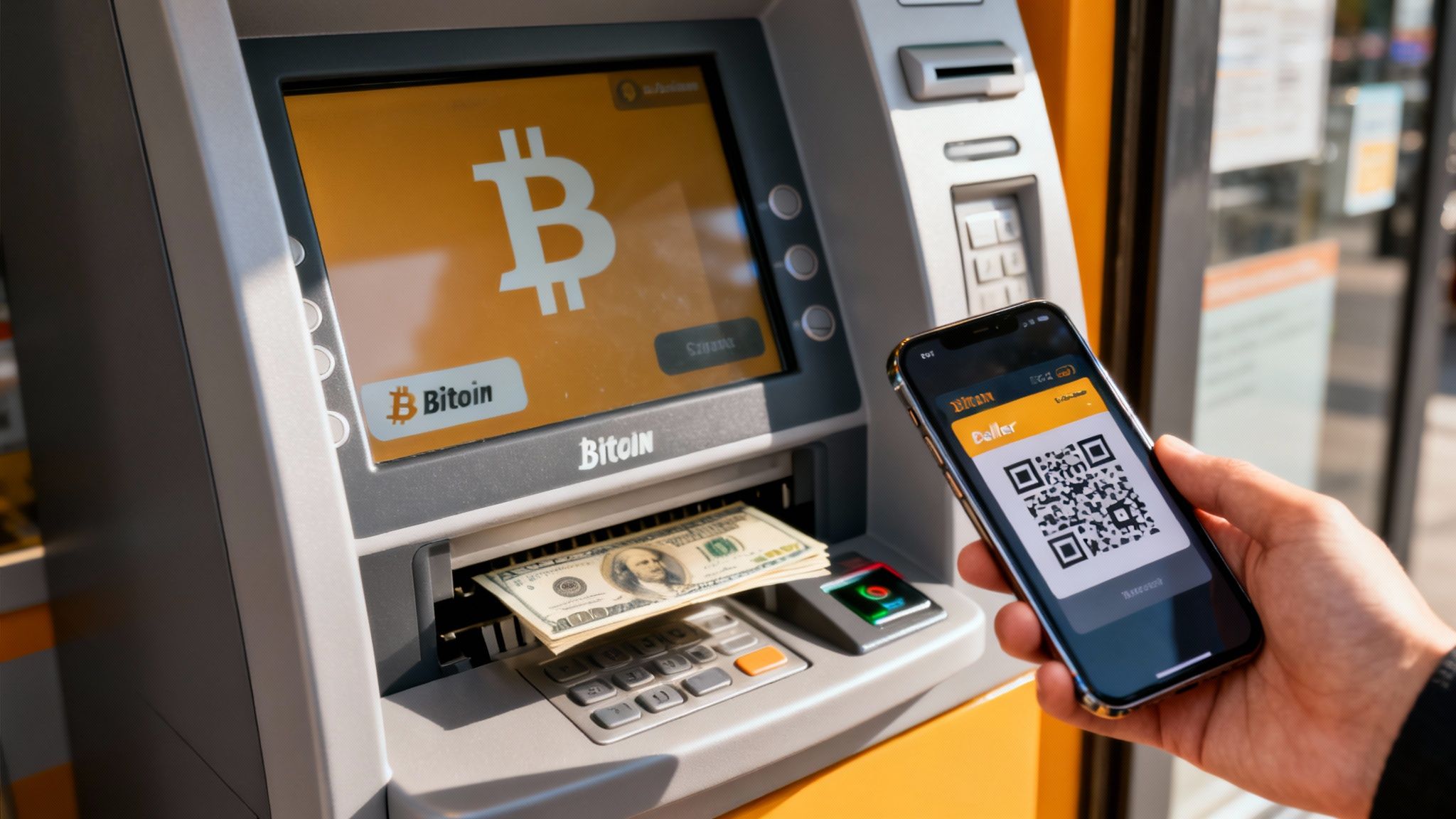 Person using a Bitcoin ATM to withdraw US dollar bills with a smartphone displaying a QR code.