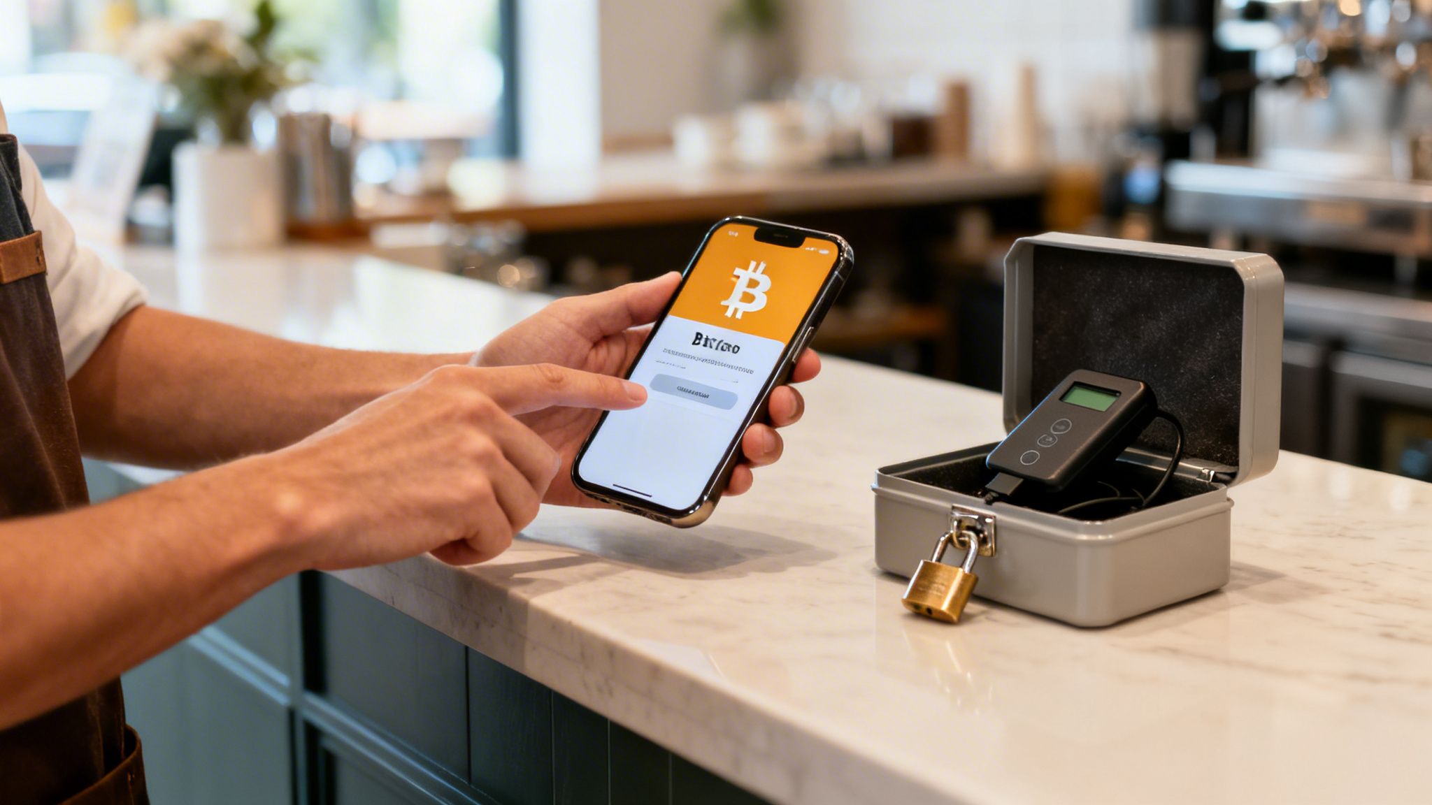 Person uses a smartphone Bitcoin app next to a hardware cryptocurrency wallet and padlock.