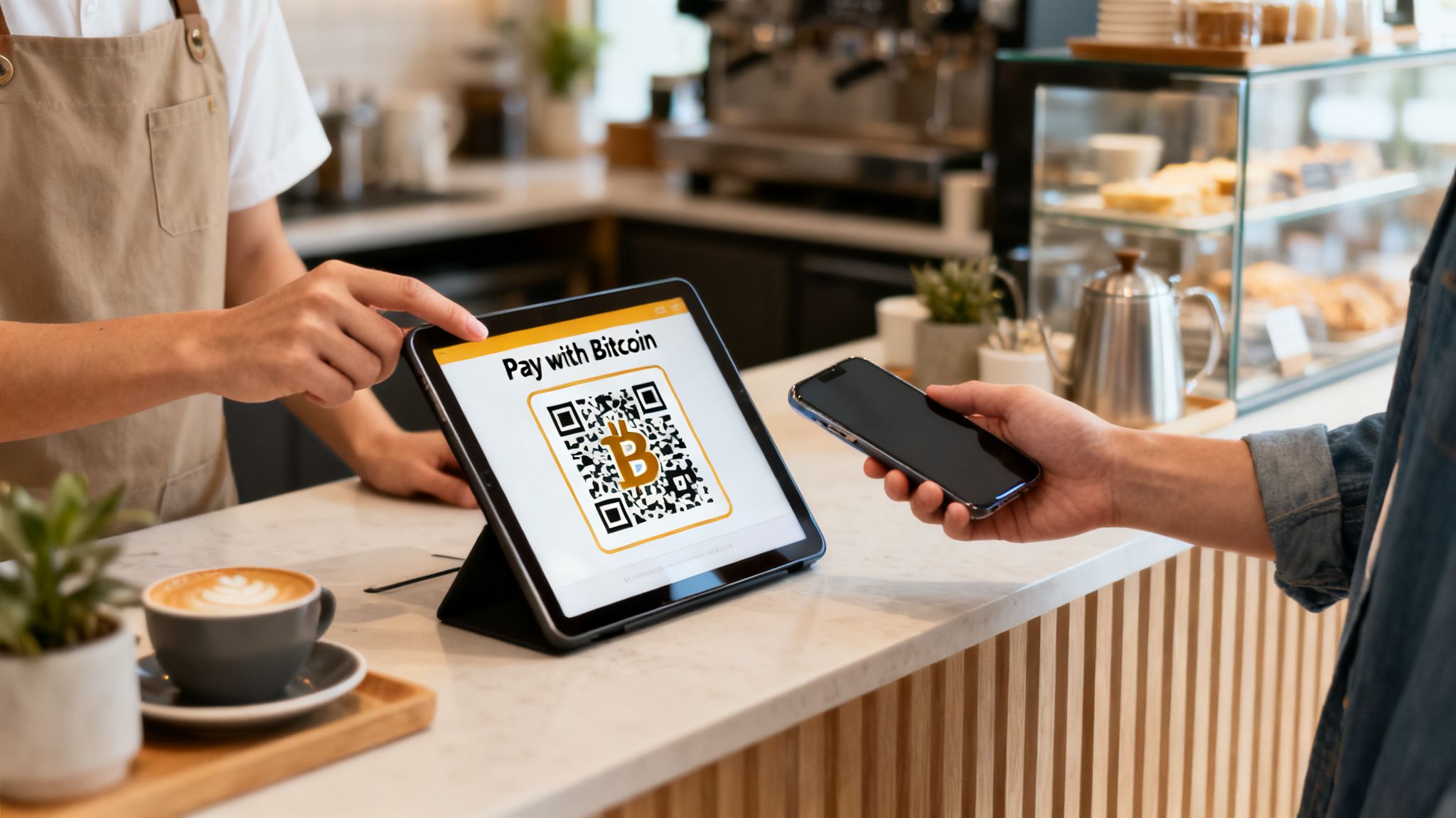 A barista helps a customer pay for coffee with Bitcoin using a QR code on a tablet in a modern cafe.