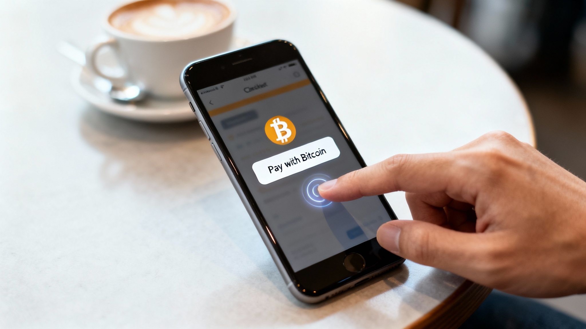 A hand taps a smartphone screen showing a 'Pay with Bitcoin' option in a cafe.