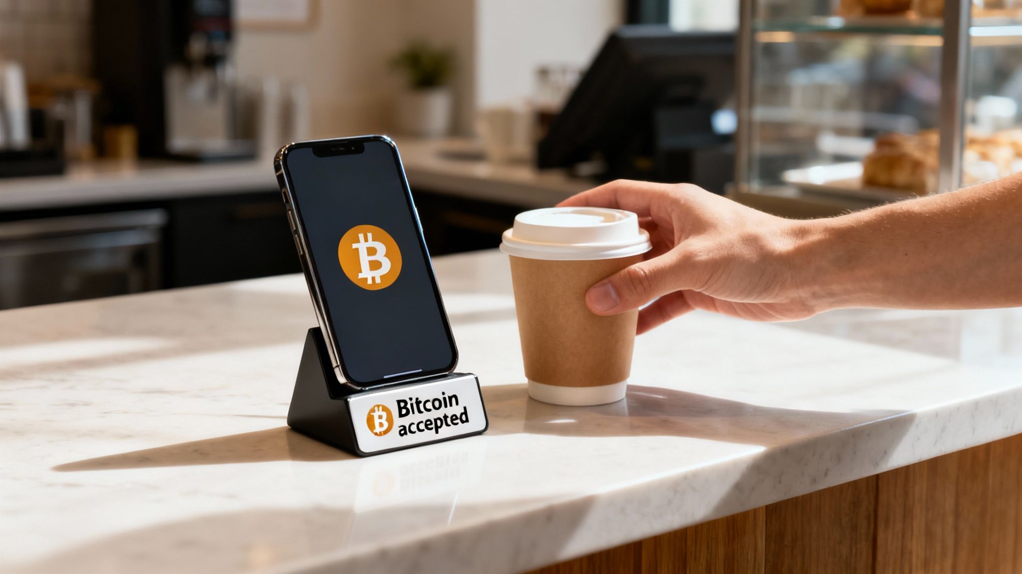 A hand holds a coffee cup next to a smartphone displaying the Bitcoin logo and a 'Bitcoin accepted' sign on a cafe counter.
