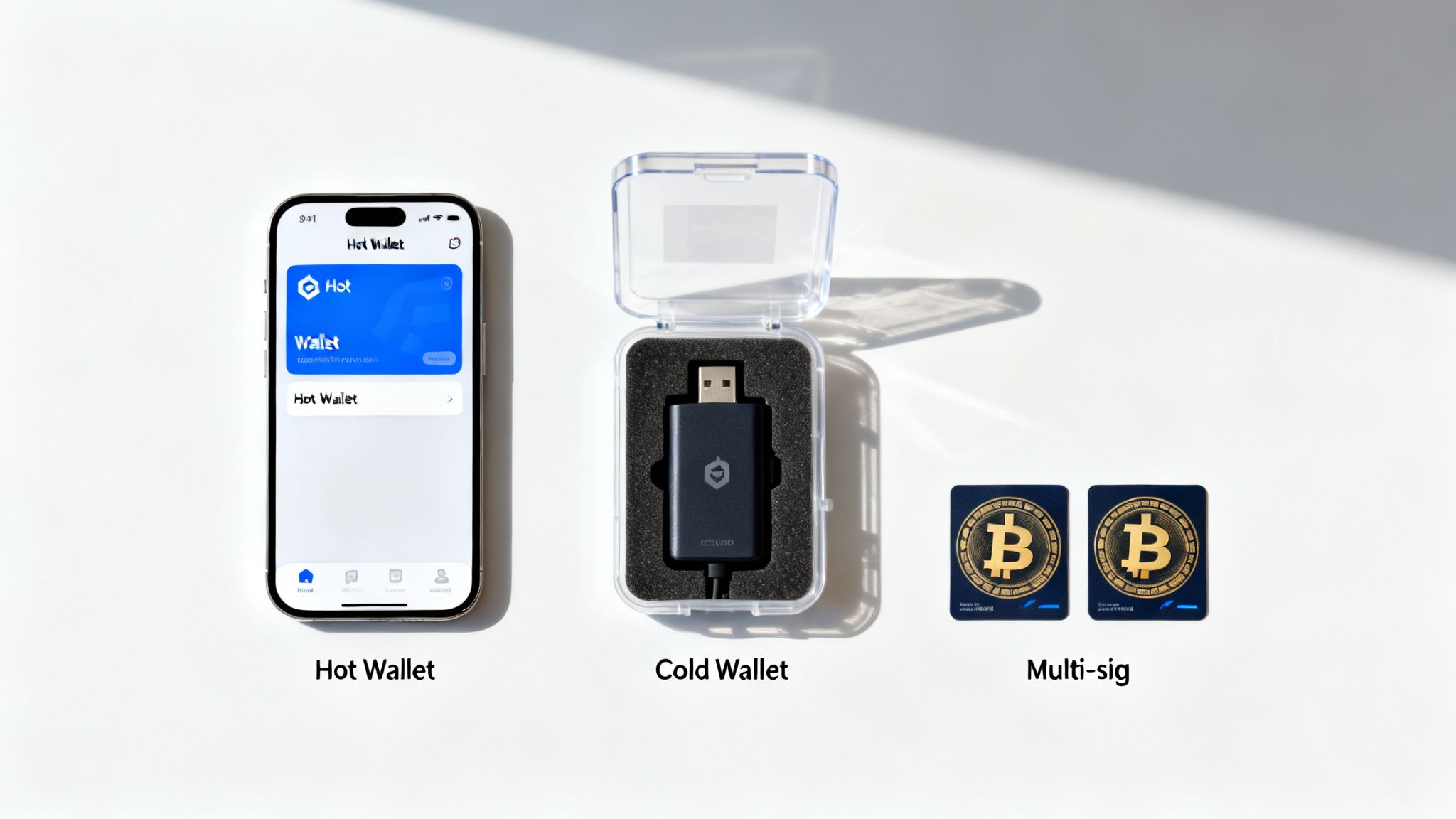 Three types of cryptocurrency wallets: a hot wallet app on a phone, a cold wallet hardware device, and two multi-signature cards.