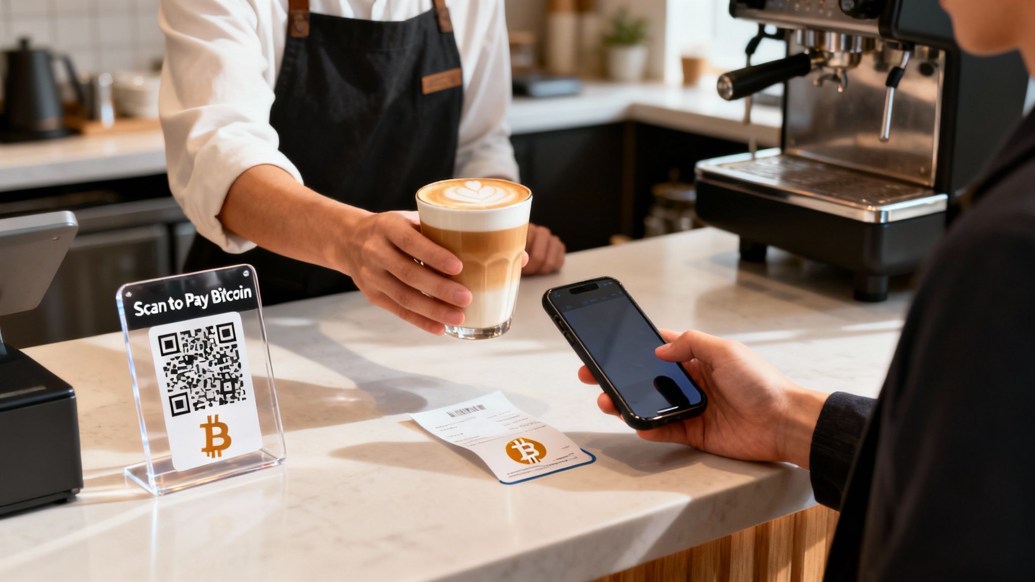 A barista hands a latte to a customer paying with a smartphone via a Bitcoin QR code at a coffee shop.