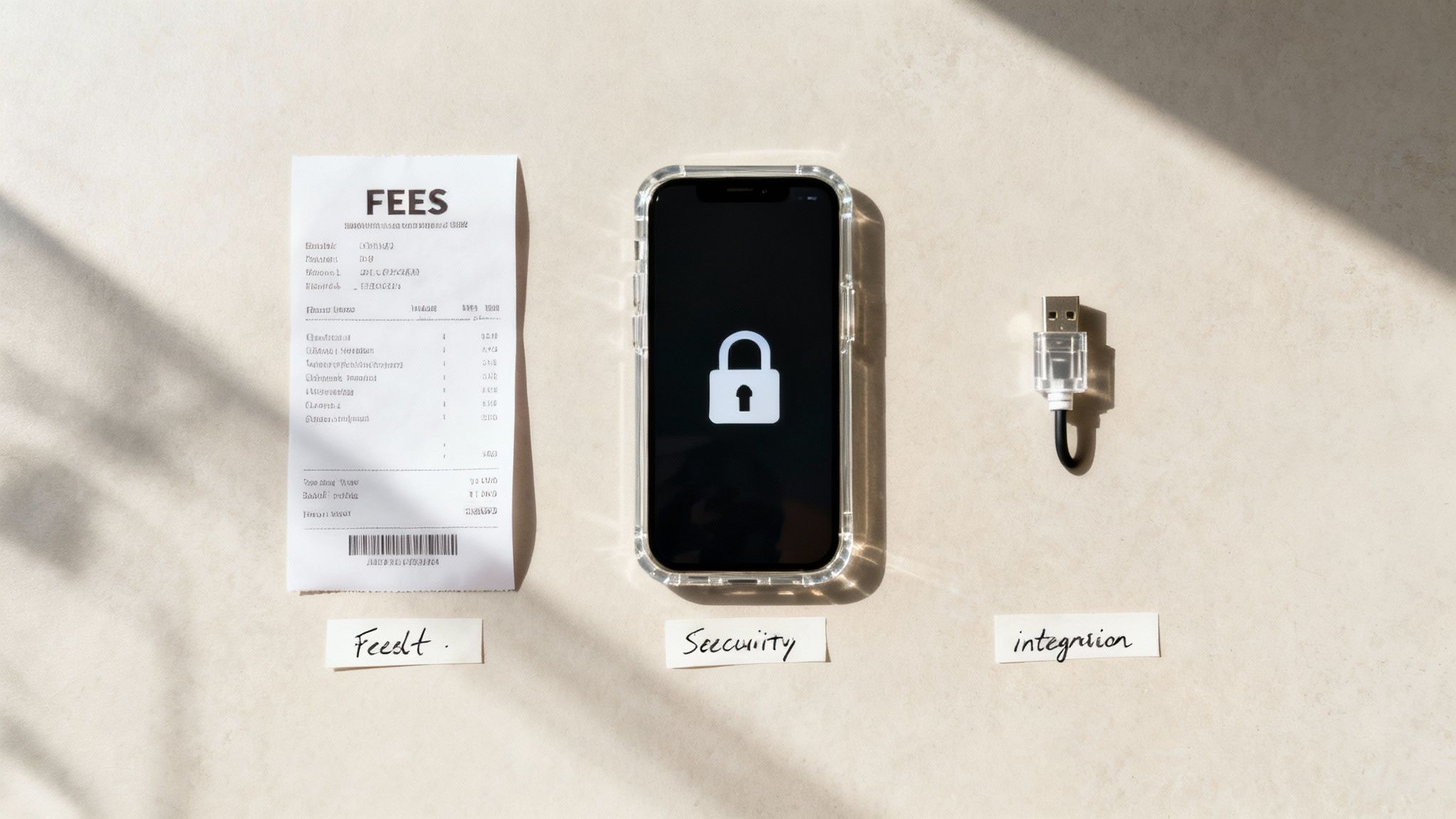 A flat lay of a receipt for fees, a smartphone with a lock icon, and a USB cable.