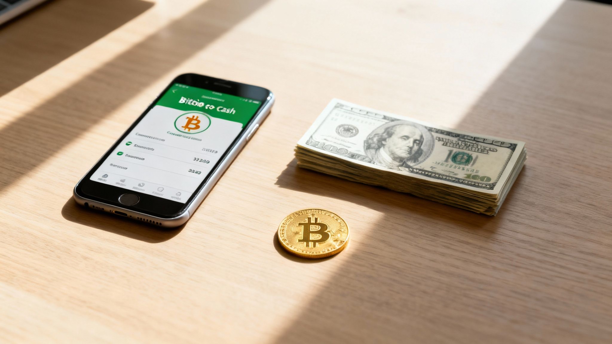 A smartphone showing a Bitcoin to Cash app, a stack of US dollar bills, and a bitcoin coin.