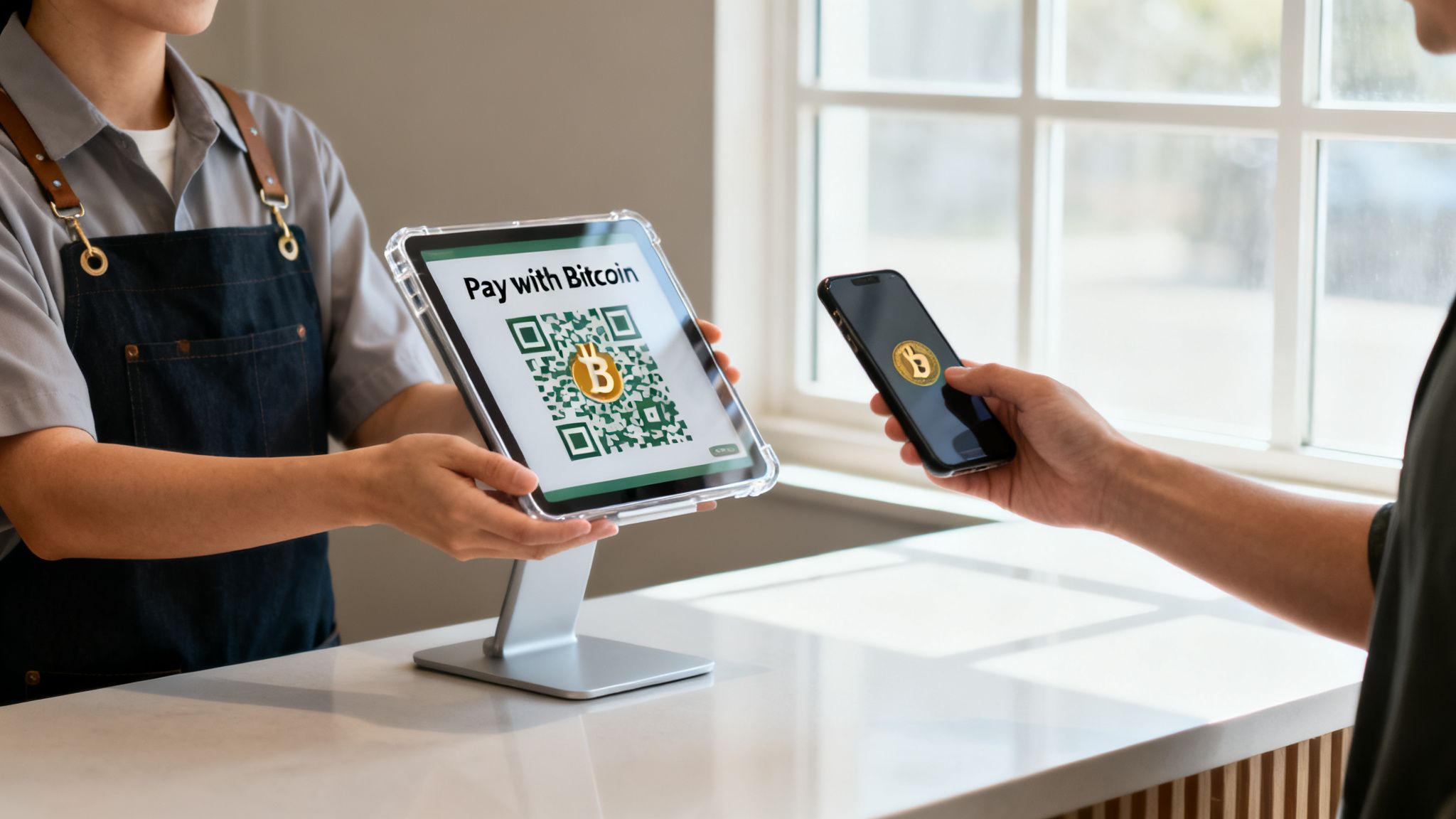 Customer pays for goods with Bitcoin by scanning a QR code on a tablet with their smartphone.