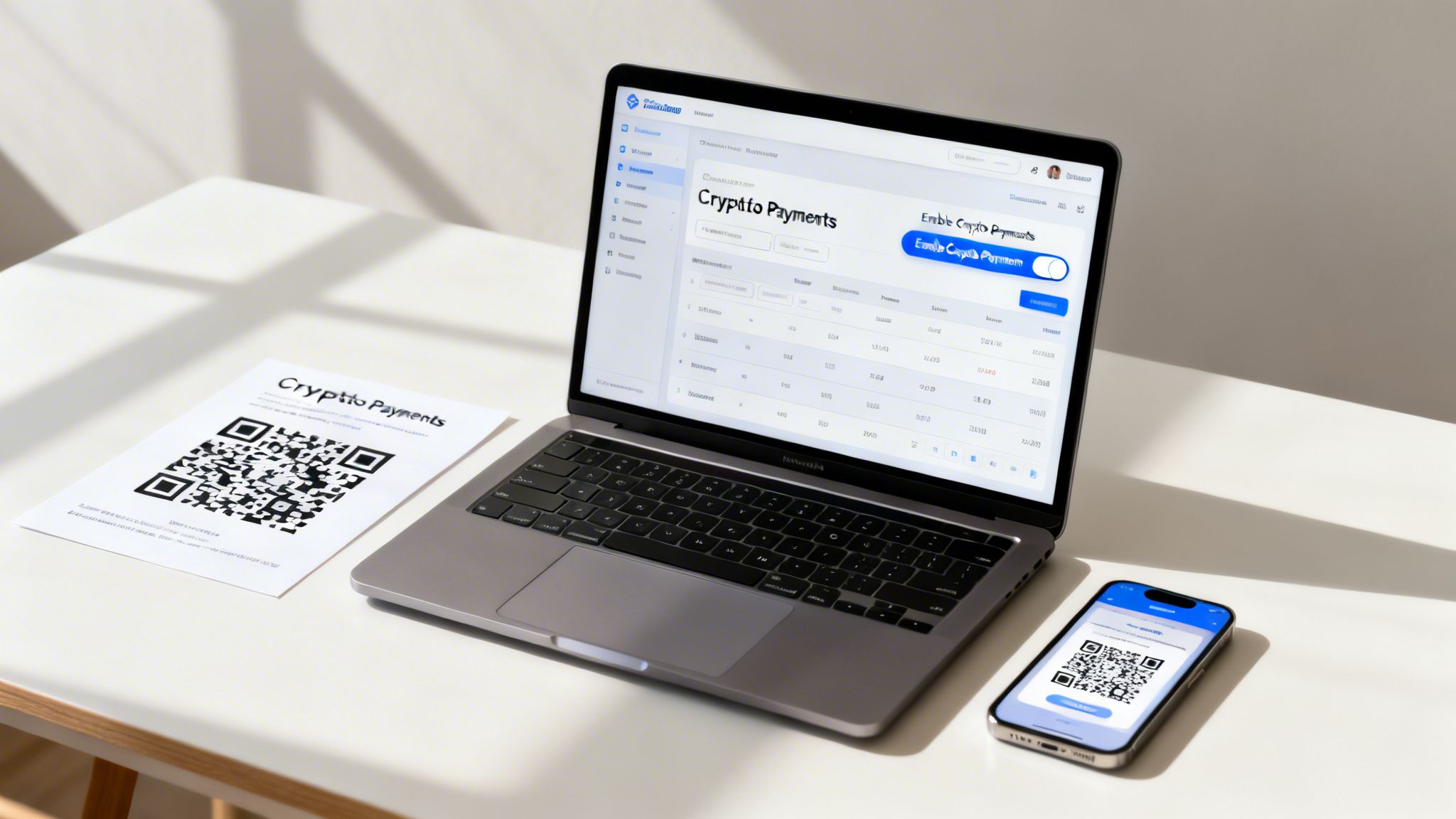 Laptop, paper, and smartphone displaying crypto payment interfaces with QR codes on a white desk.