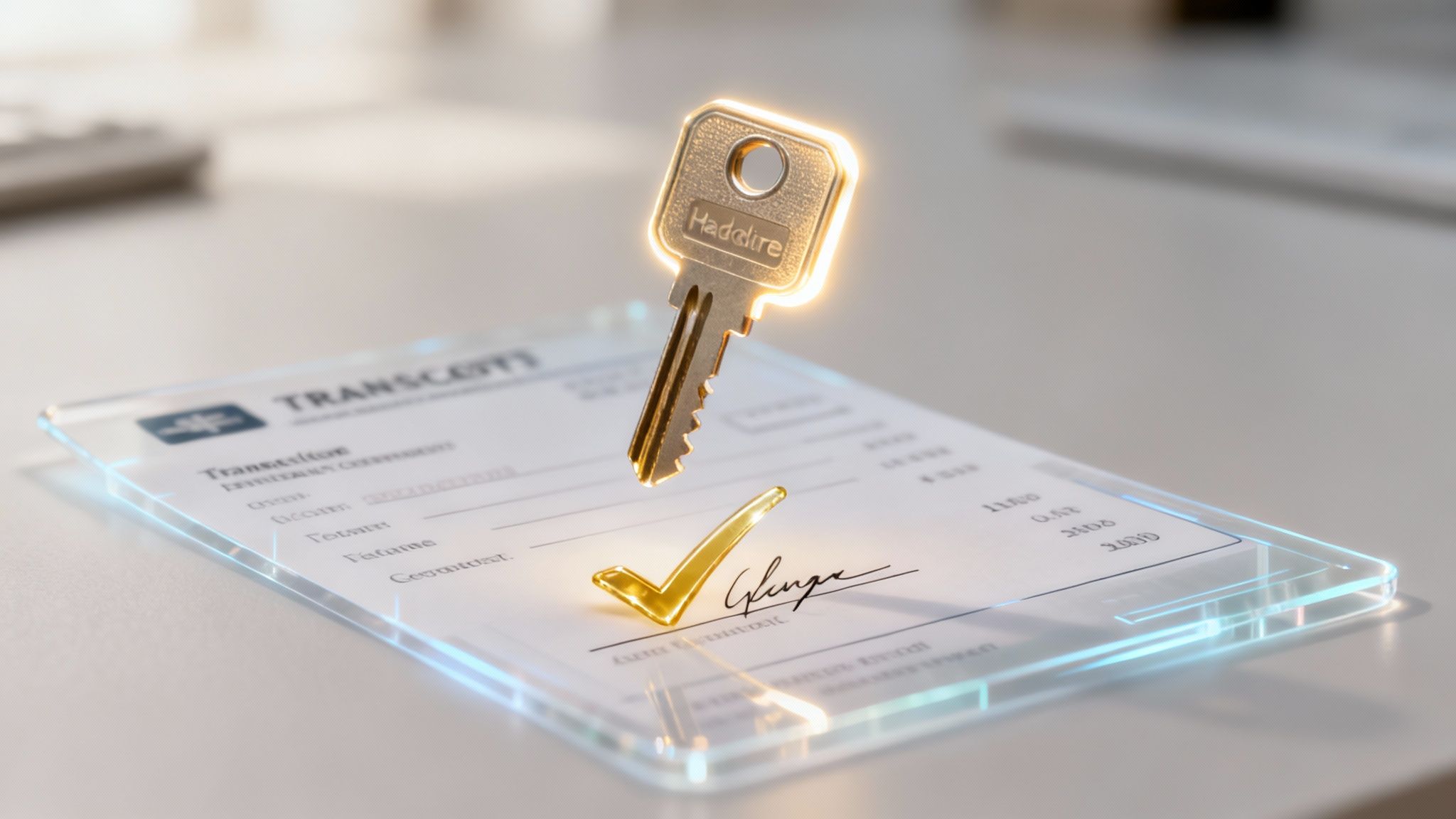 A glowing golden Haddire key hovers above a transparent digital document with a golden checkmark and signature.