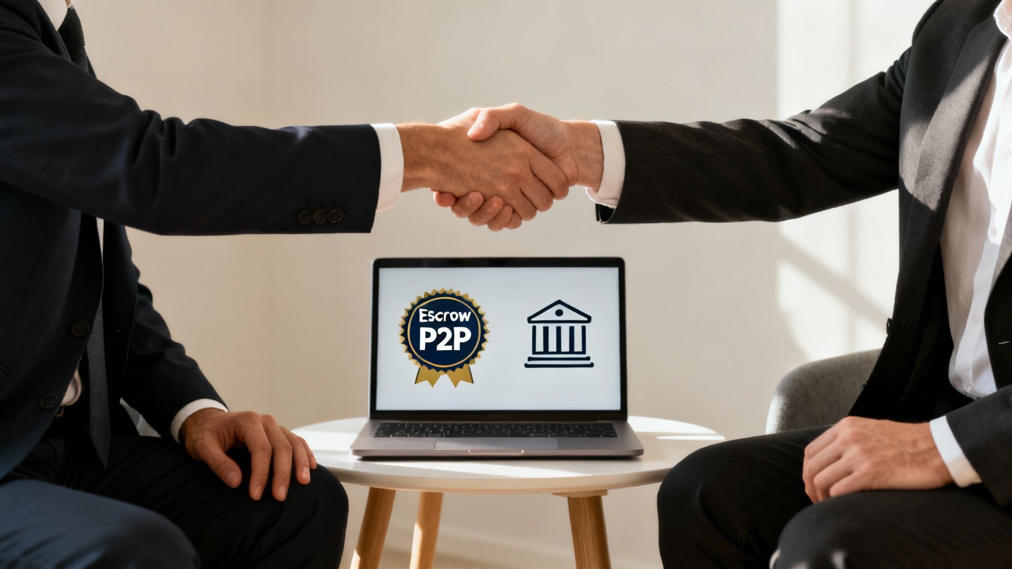 Two businessmen shake hands over a laptop displaying 'Escrow P2P' and a bank icon, symbolizing a financial agreement.