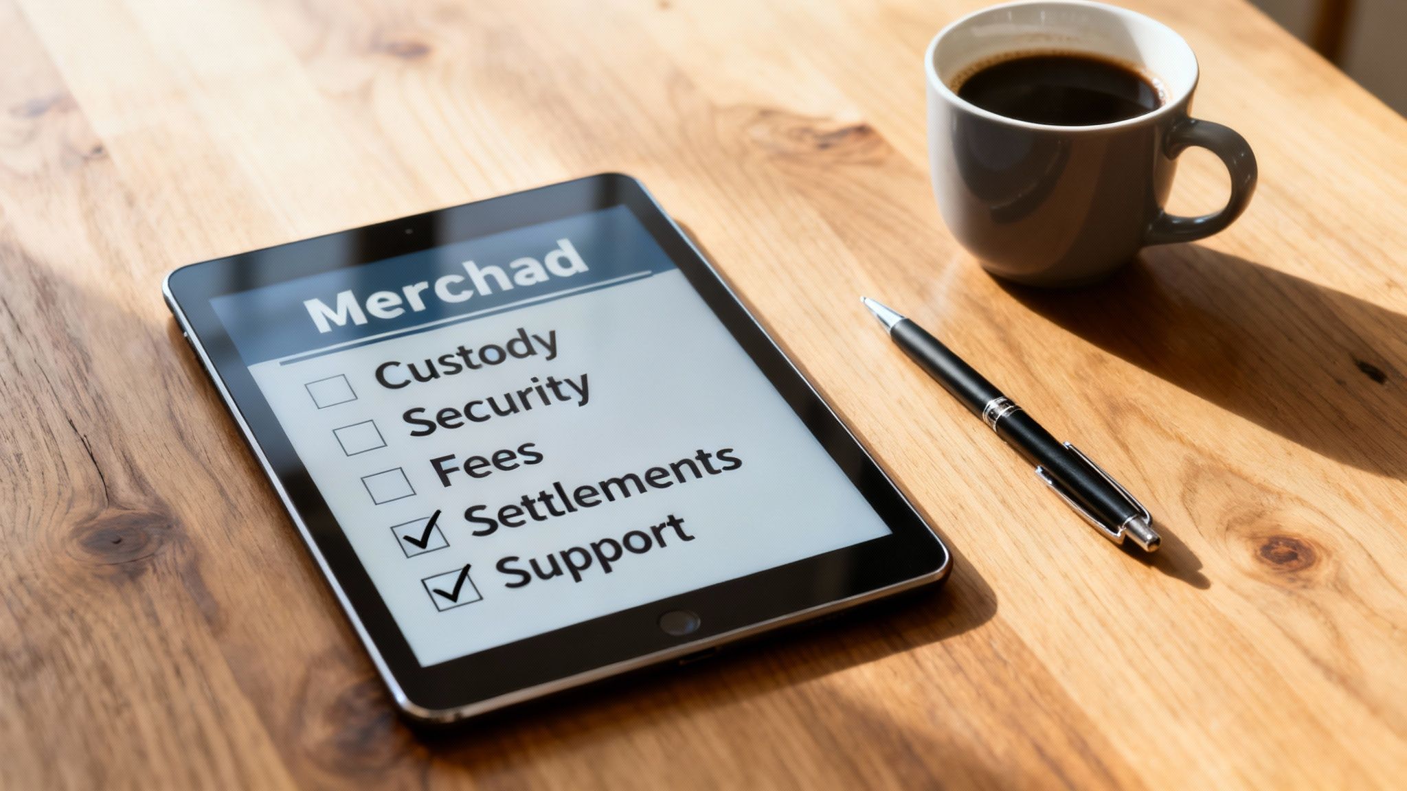 A tablet on a wooden desk displays a 'Merchad' checklist with 'Settlements' and 'Support' checked, next to a pen and coffee.