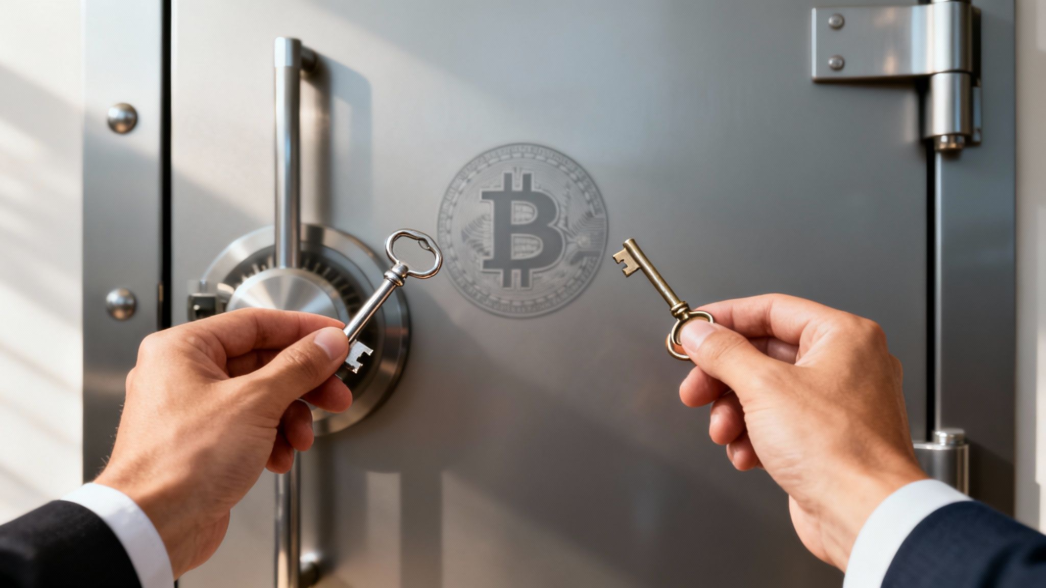 Hands holding two distinct keys in front of a safe with a faint Bitcoin logo.