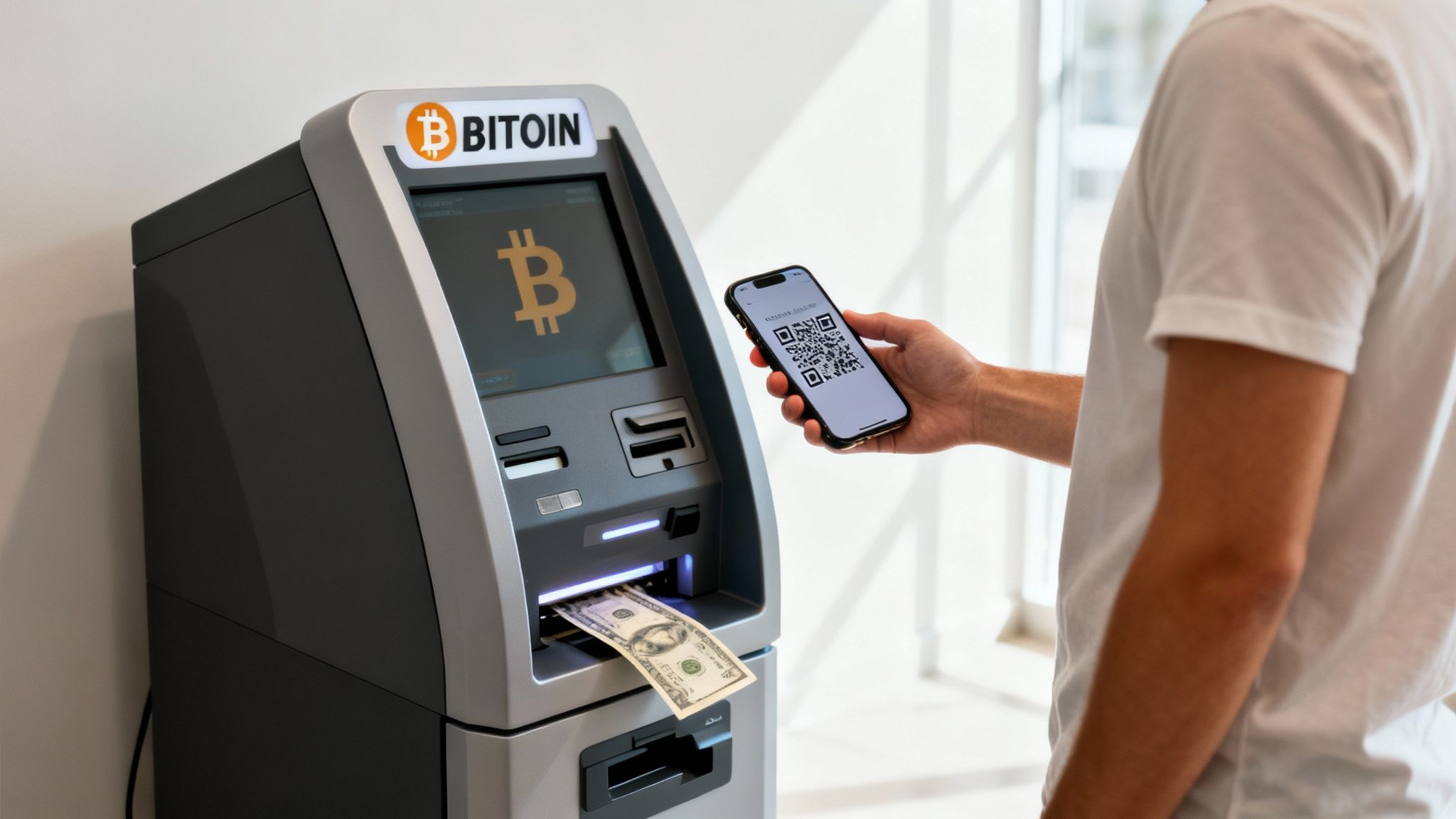 Person exchanging Bitcoin for cash at an ATM using a smartphone with a QR code.