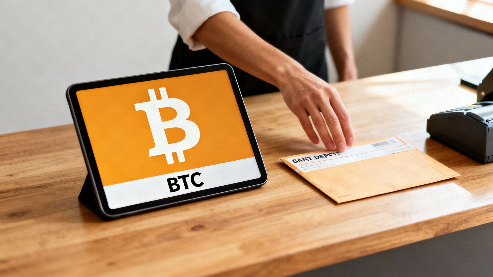 A person's hand placing a bank deposit envelope next to a tablet showing the Bitcoin logo and BTC.