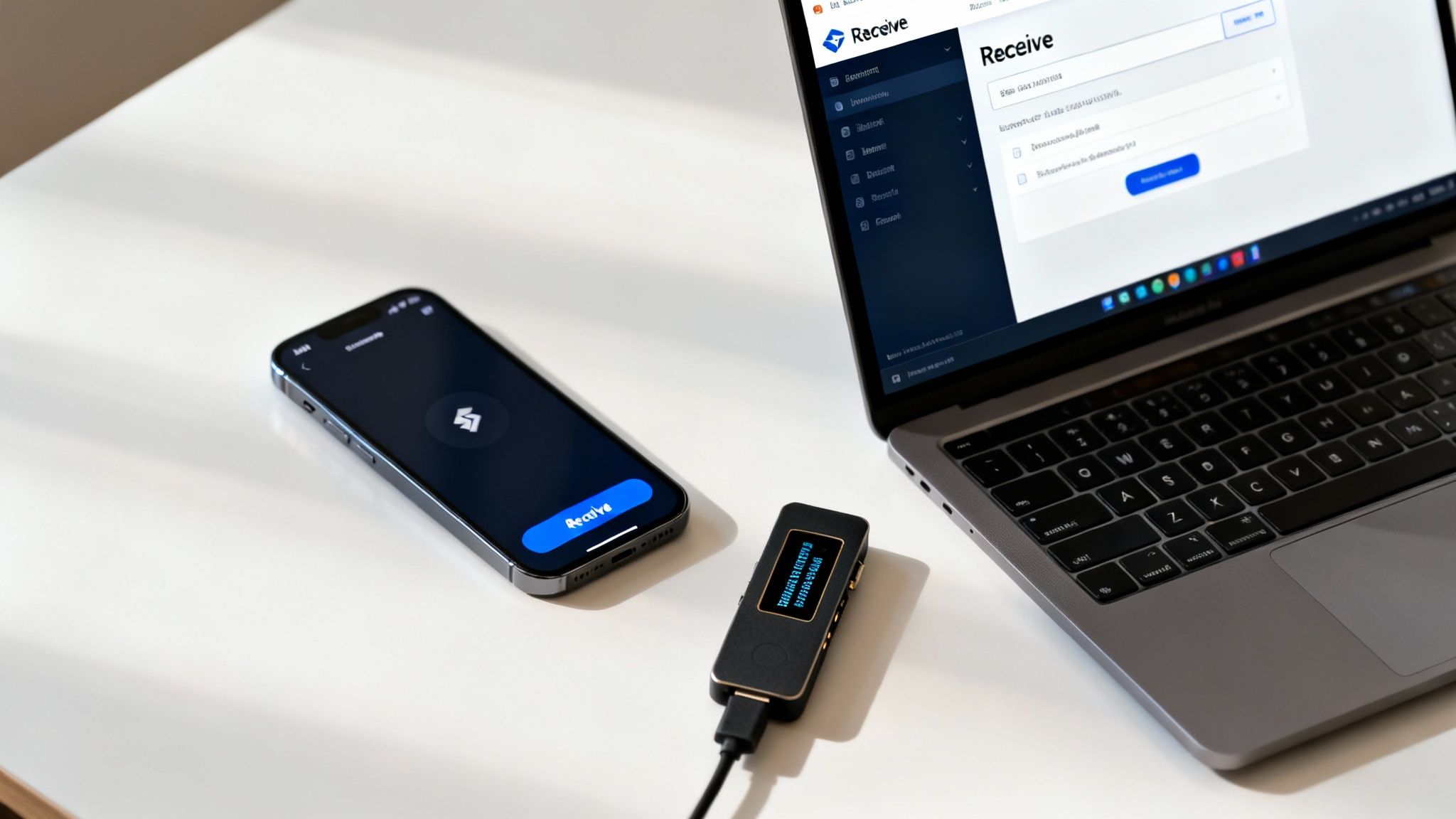 Close-up of a laptop, smartphone, and hardware wallet setup for managing cryptocurrency on a white desk.