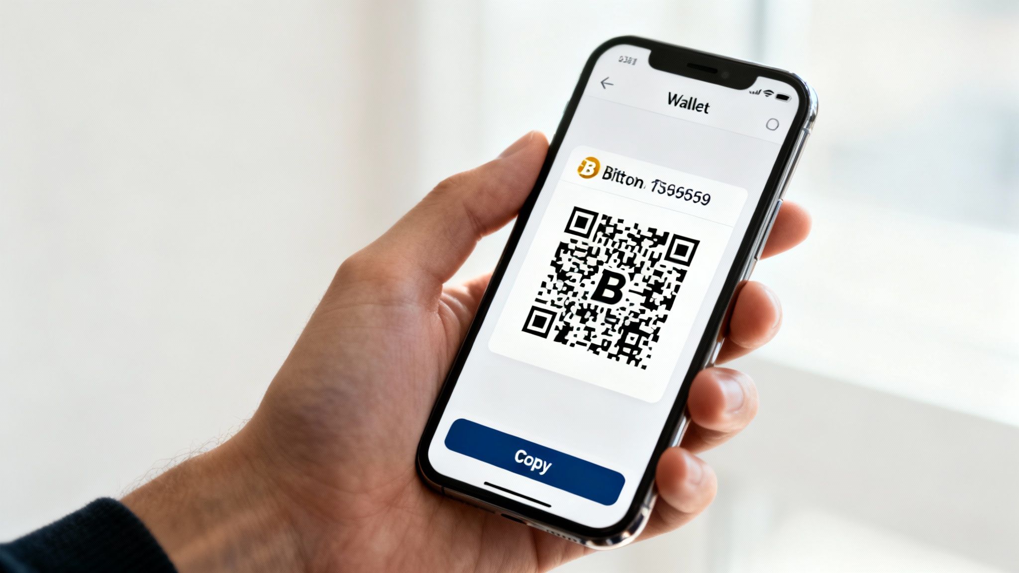 A person using a mobile Bitcoin wallet, showing a QR code for their address.
