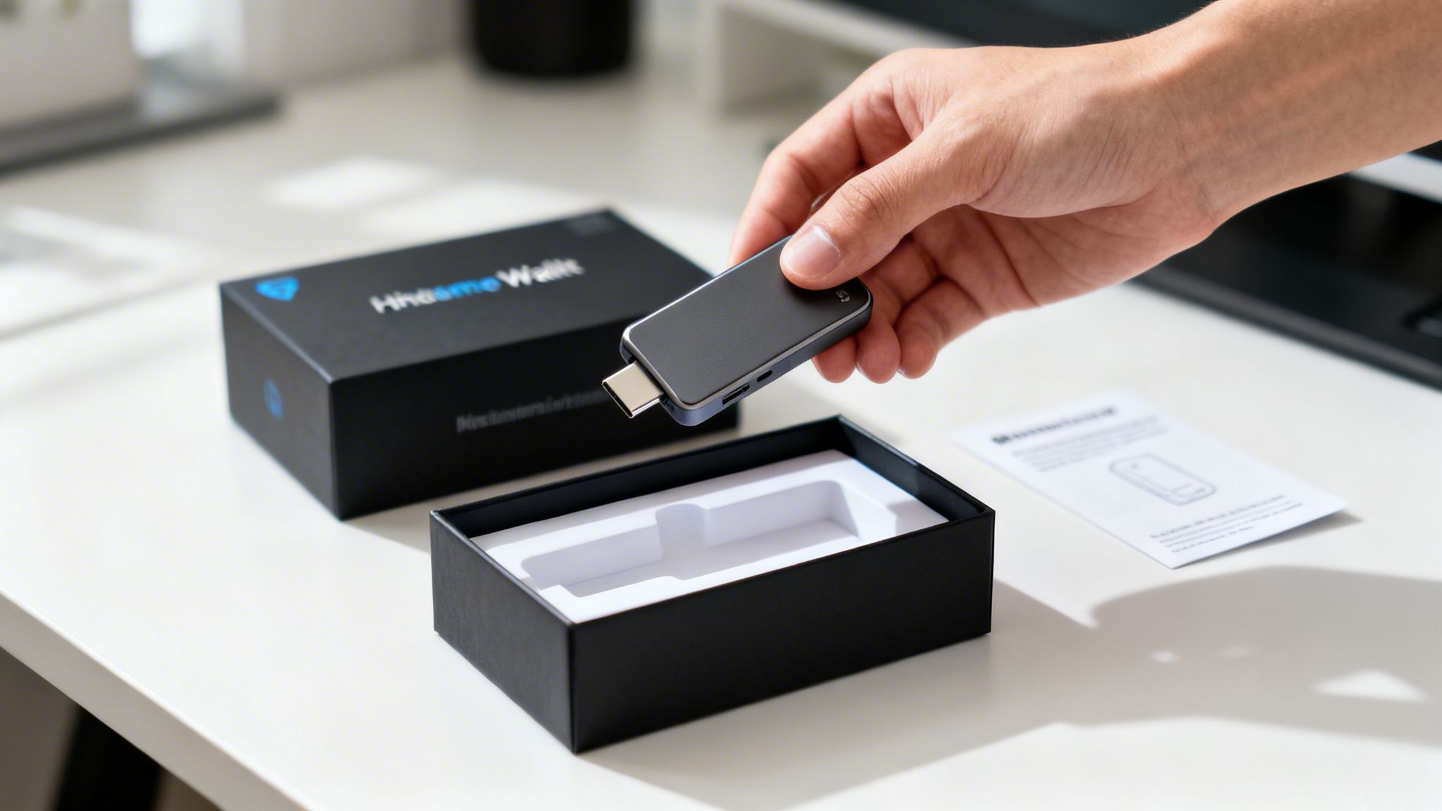 A hand holds a gray hardware crypto wallet device over its open packaging box.
