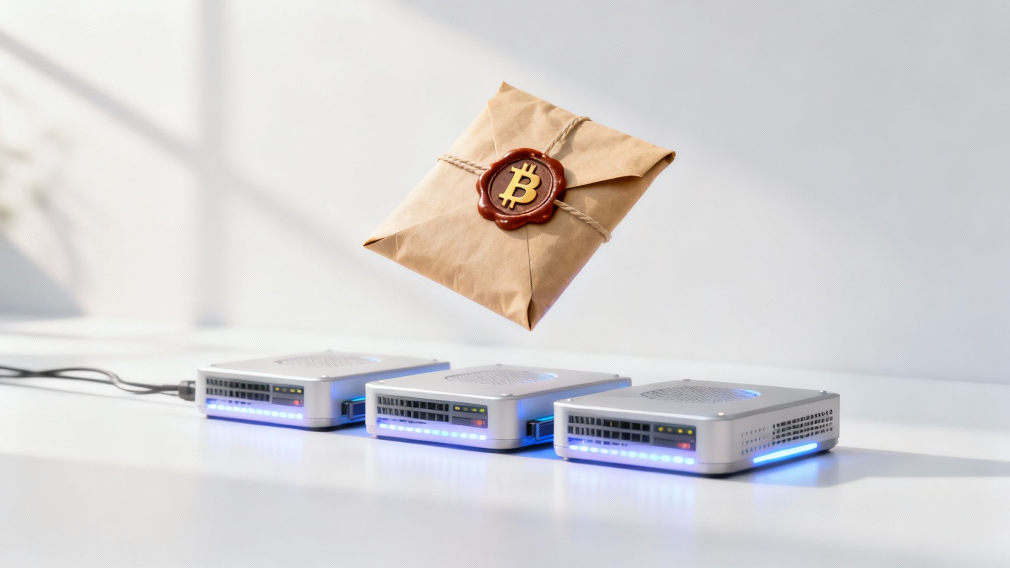 Three cryptocurrency mining devices with blue lights, and a Bitcoin-sealed envelope floating above them.