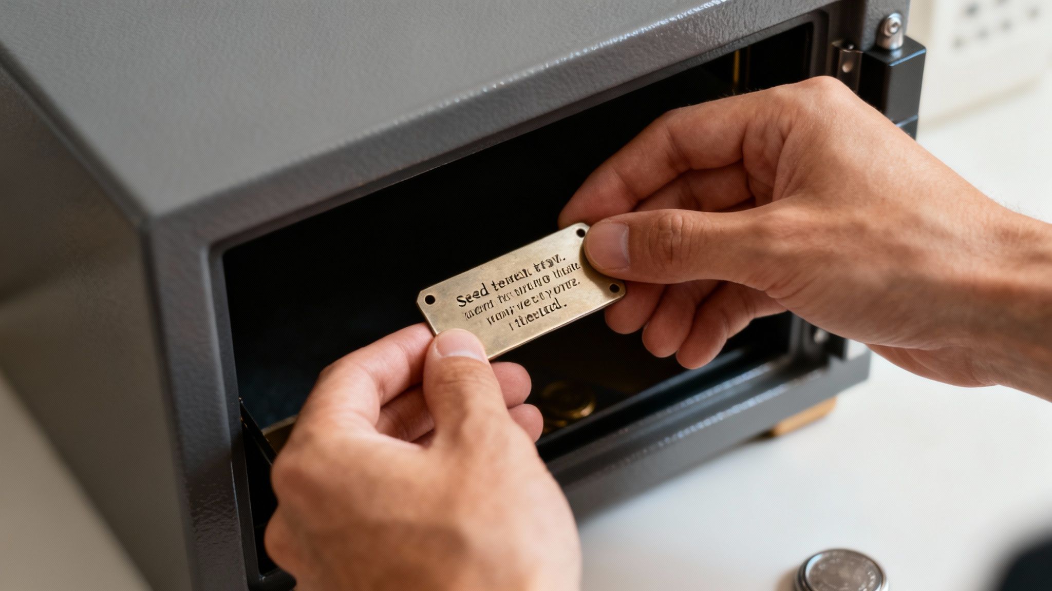 Hands holding engraved metal plate with seed phrase text near open safe deposit box