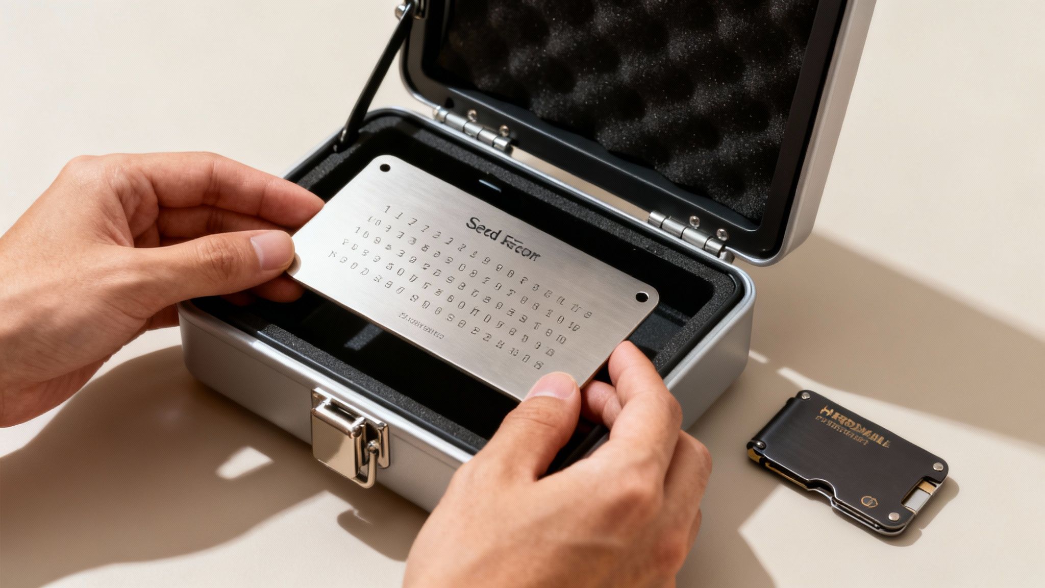 Hands securing a metallic Seed Recon card into a protective silver case, with a hardware wallet nearby.