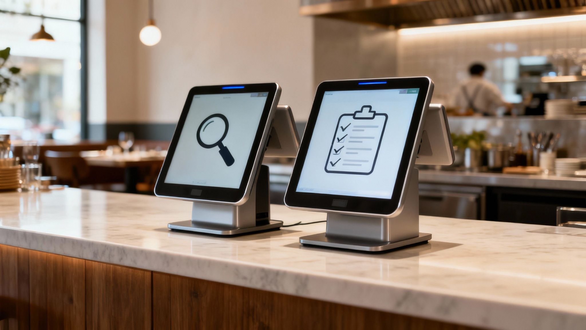 A restaurant owner using a POS system tablet to take an order from a customer.