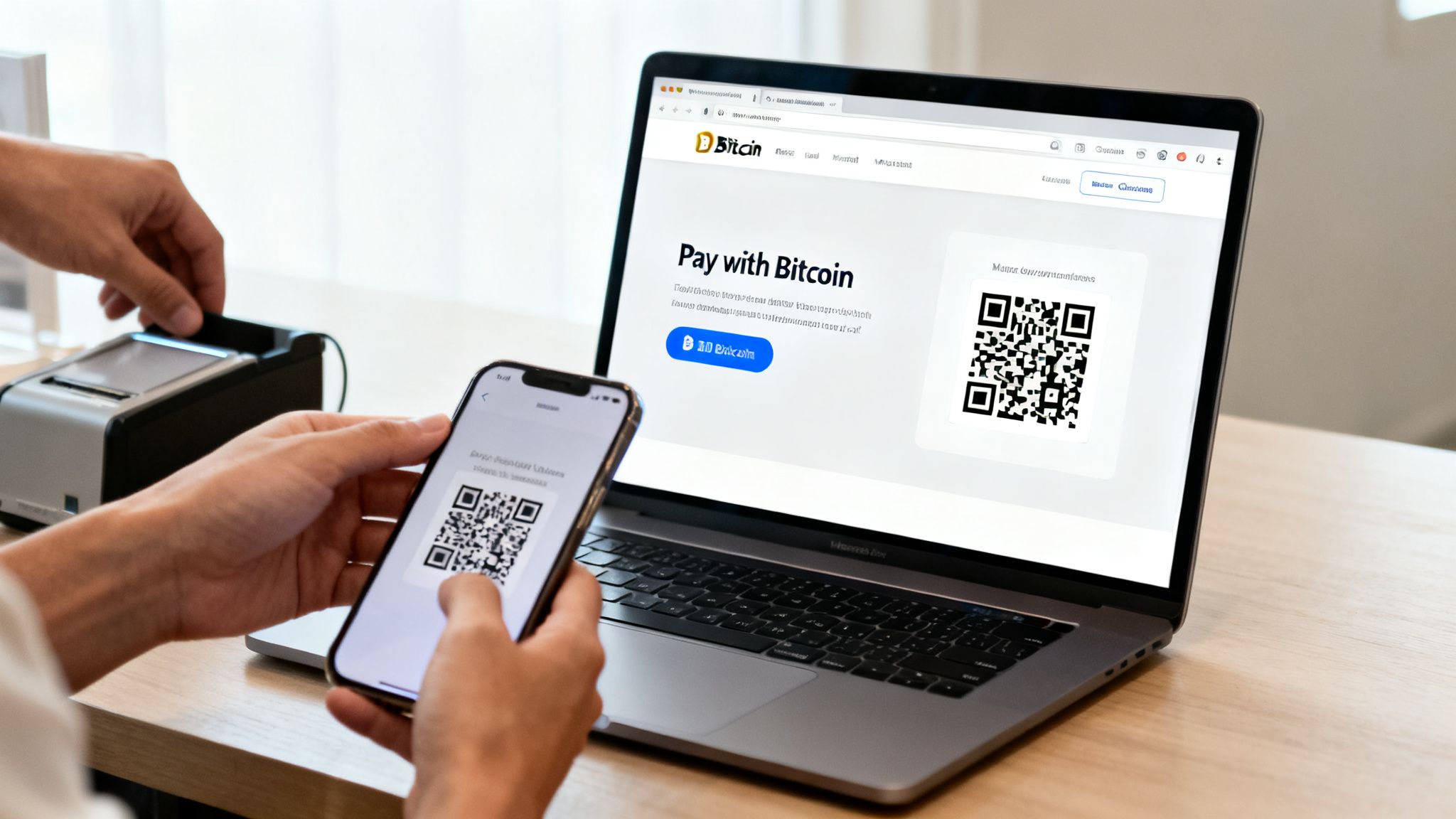 Hands scanning a QR code on a smartphone for a Bitcoin payment displayed on a laptop and terminal.