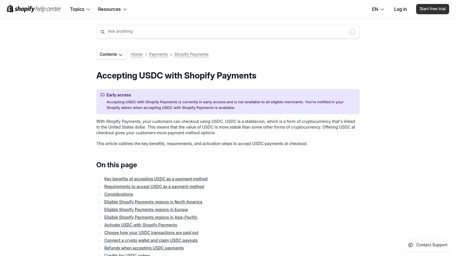 Shopify (USDC crypto payments via Shopify Payments)